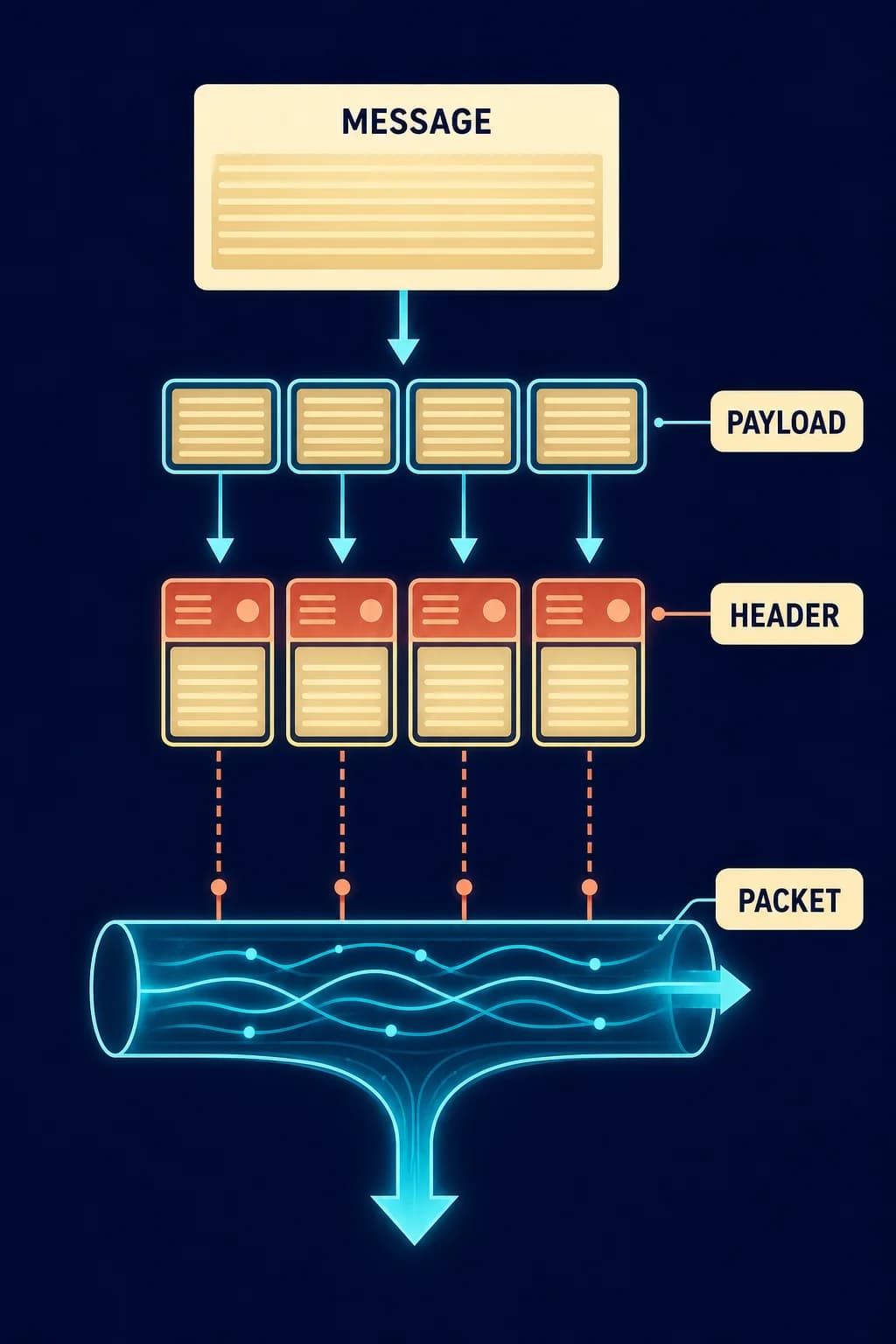One application message is divided into several payload blocks; each block receives an address header and transport-order marker before entering a shared network link.