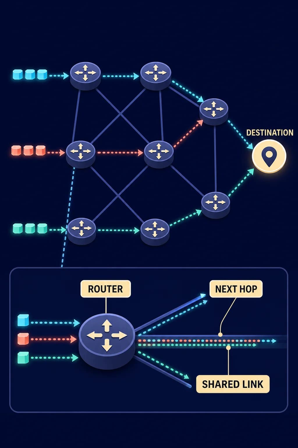 Three packets with one destination traverse a router mesh; each router chooses only the next hop, producing two possible end-to-end routes instead of one reserved circuit.