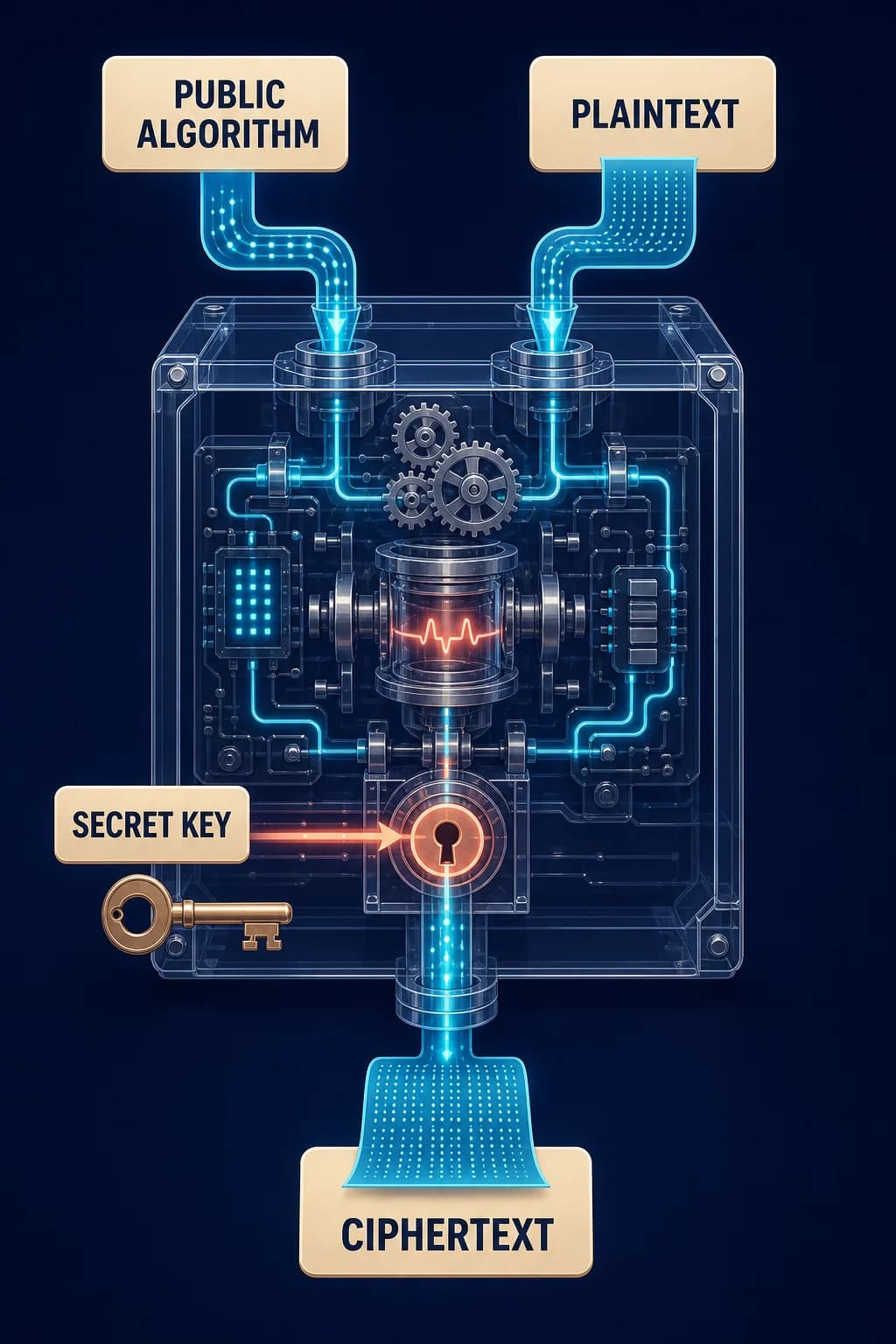 An open transparent encryption machine is visible to an observer, but two identical messages produce protected output only when the correct secret key enters the designated key port.