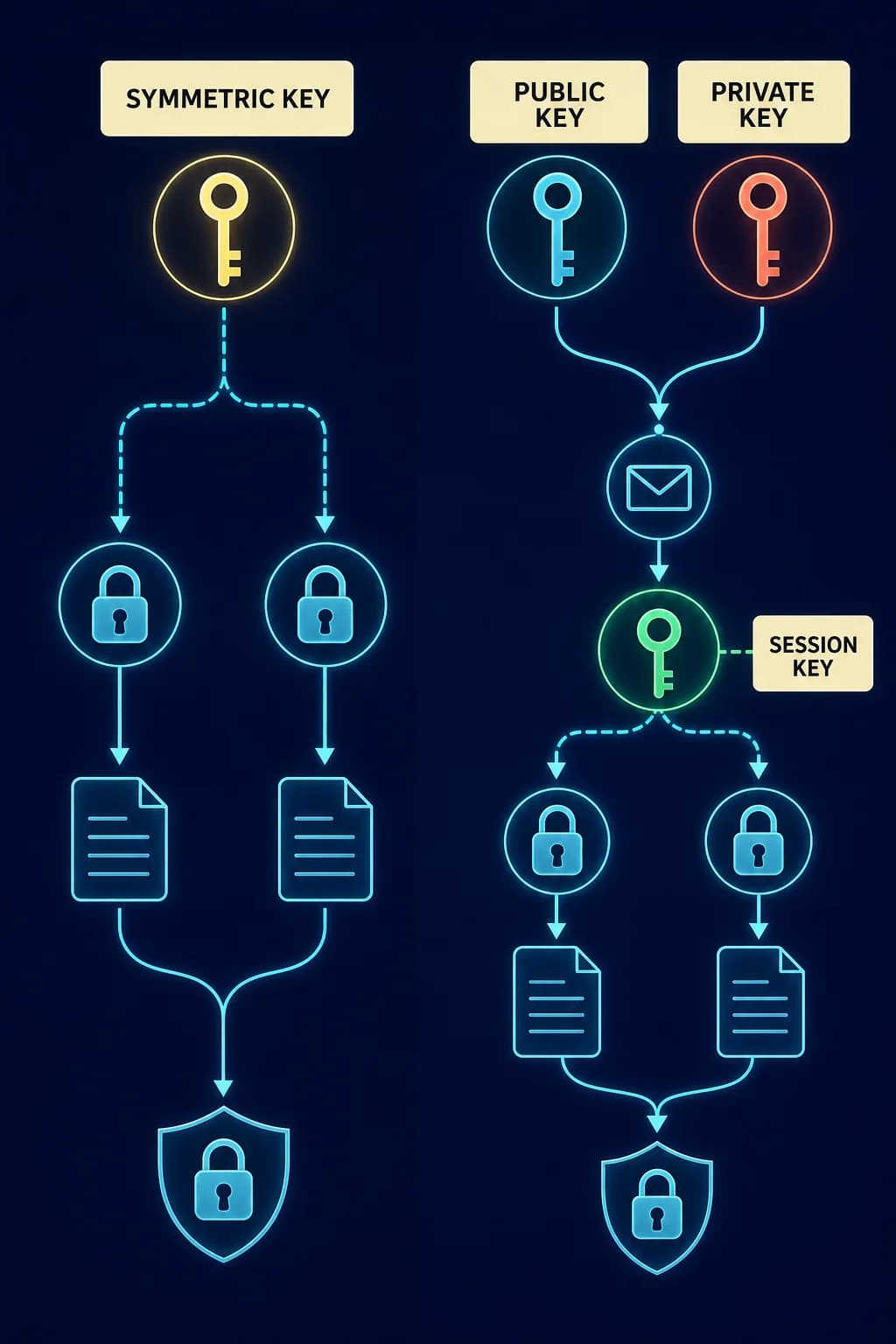 A split comparison shows one shared symmetric key used at both ends, and a public-private key pair that establishes a session key before fast symmetric data protection begins.