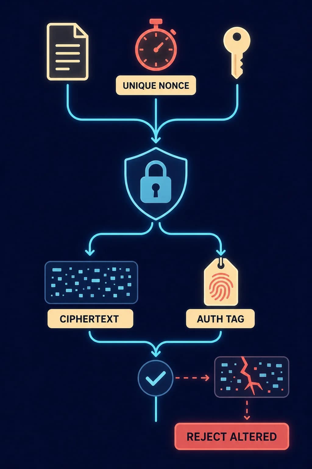 A sender combines plaintext, secret key, and unique nonce to produce ciphertext plus a tag; the receiver verifies the tag and rejects a visibly altered packet.