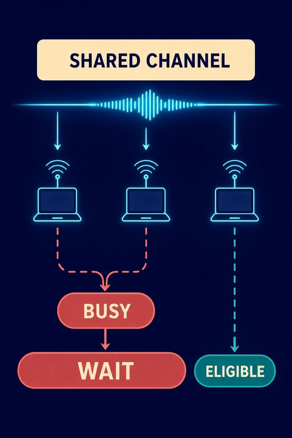 Three devices sense one shared channel. A single WAIT callout spans the two devices that detect an active transmission; one ELIGIBLE callout marks only the device with a clear idle observation. don't repeat any callout.