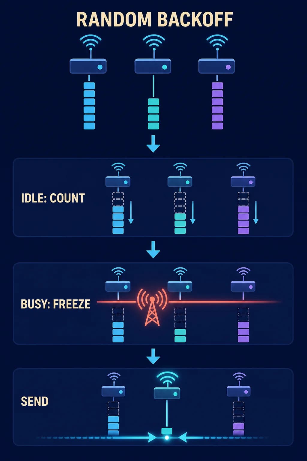 Three waiting devices choose different random countdown lengths; counters fall only during idle slots, freeze during a busy interval, and the shortest remaining counter wins the next transmission.