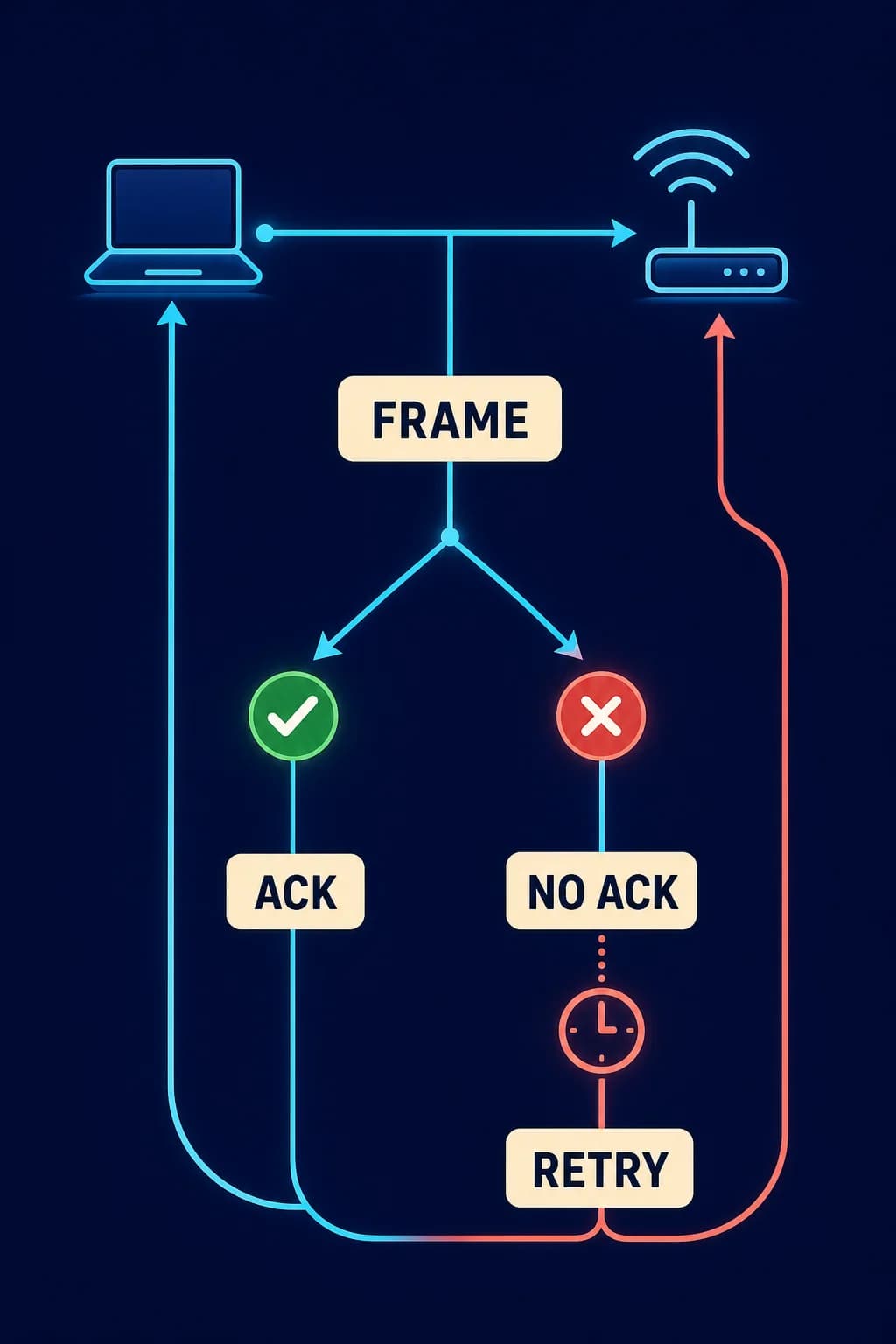 One sender-to-access-point path branches into success and failure outcomes. Put the single FRAME callout before the branch; ACK labels the success return, while NO ACK leads to a timed RETRY loop. don't duplicate FRAME or any callout.