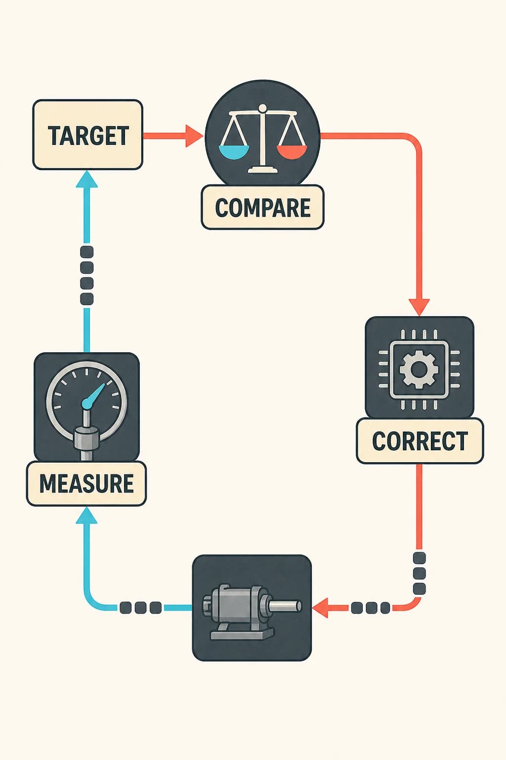 A simple closed loop runs from target to comparison, controller, physical process, measurement, and back; small delay marks accumulate along sensing and actuation paths.