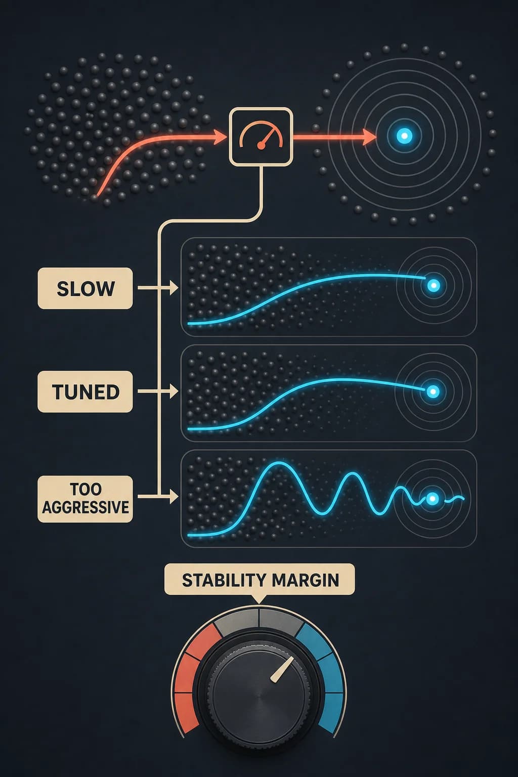 Three response curves share one target: low gain approaches slowly, tuned gain settles quickly, and high gain with delay overshoots repeatedly; a controller tradeoff dial sits below.
