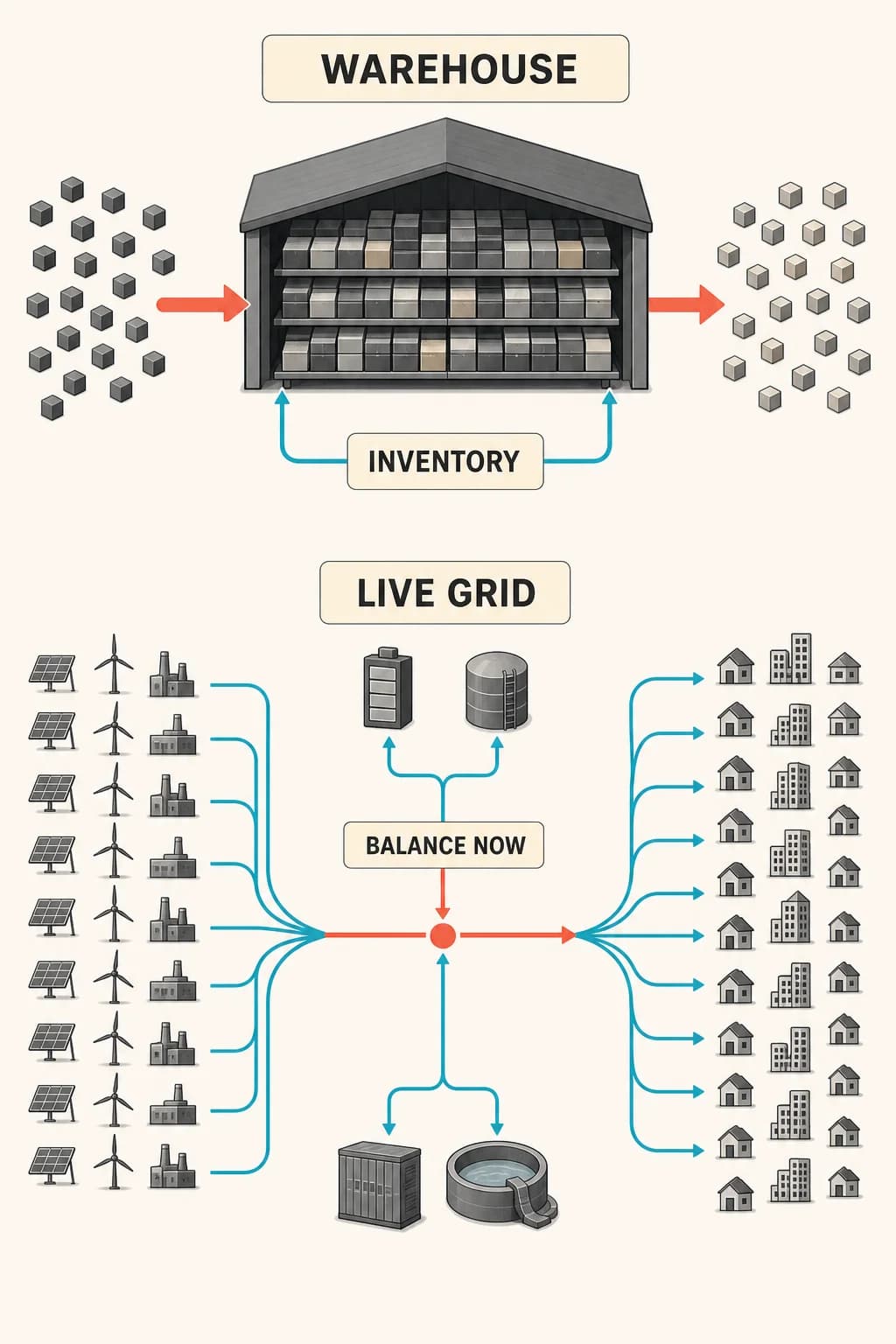 A warehouse buffers mismatched boxes in inventory; beside it, a live electric network has generation and demand connected directly through a narrow balance point with only explicit storage branches.