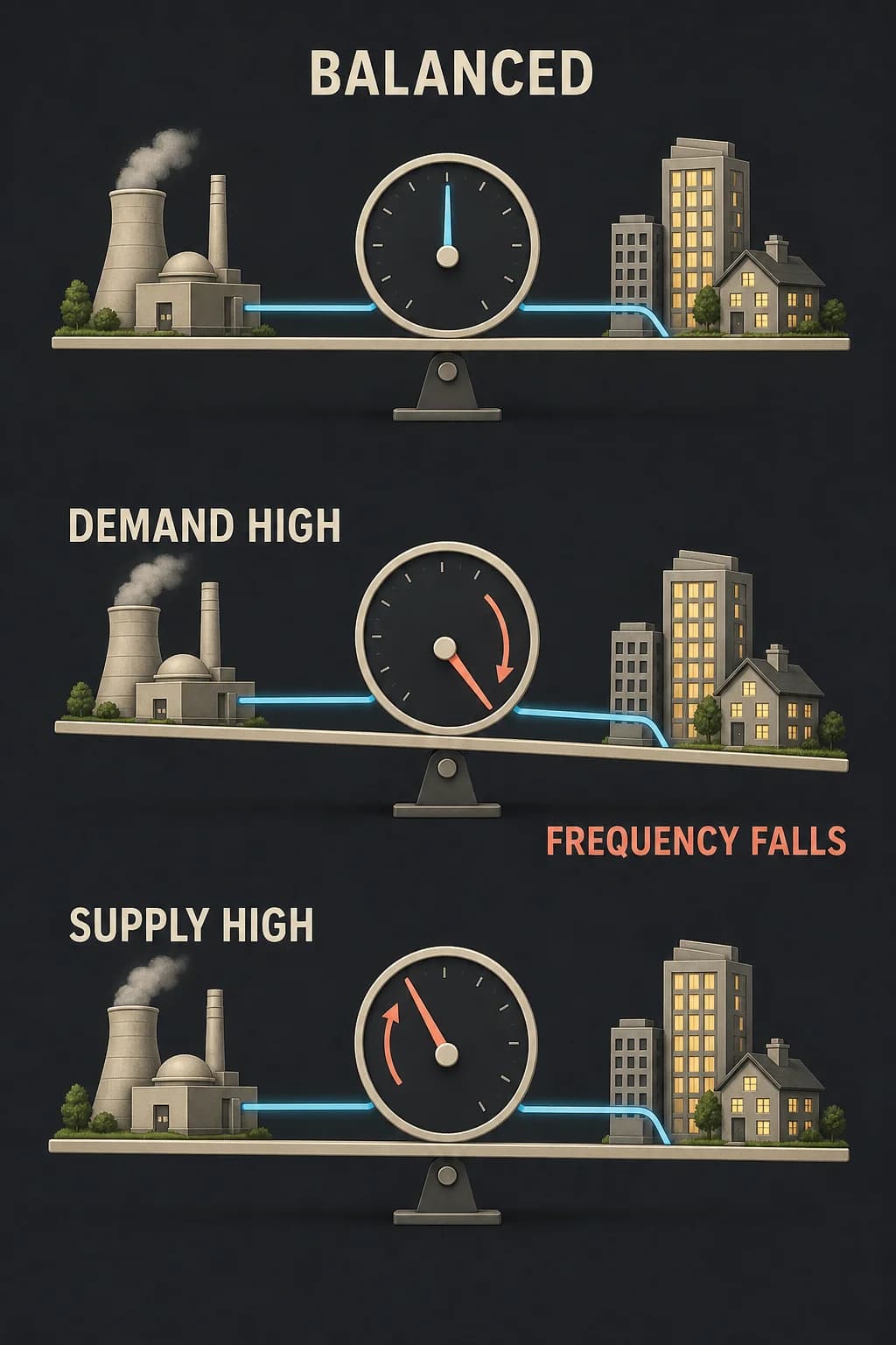 A balanced generator-load seesaw holds a central frequency wheel steady; excess demand drains rotating energy and tips frequency down, while excess supply tips it up.