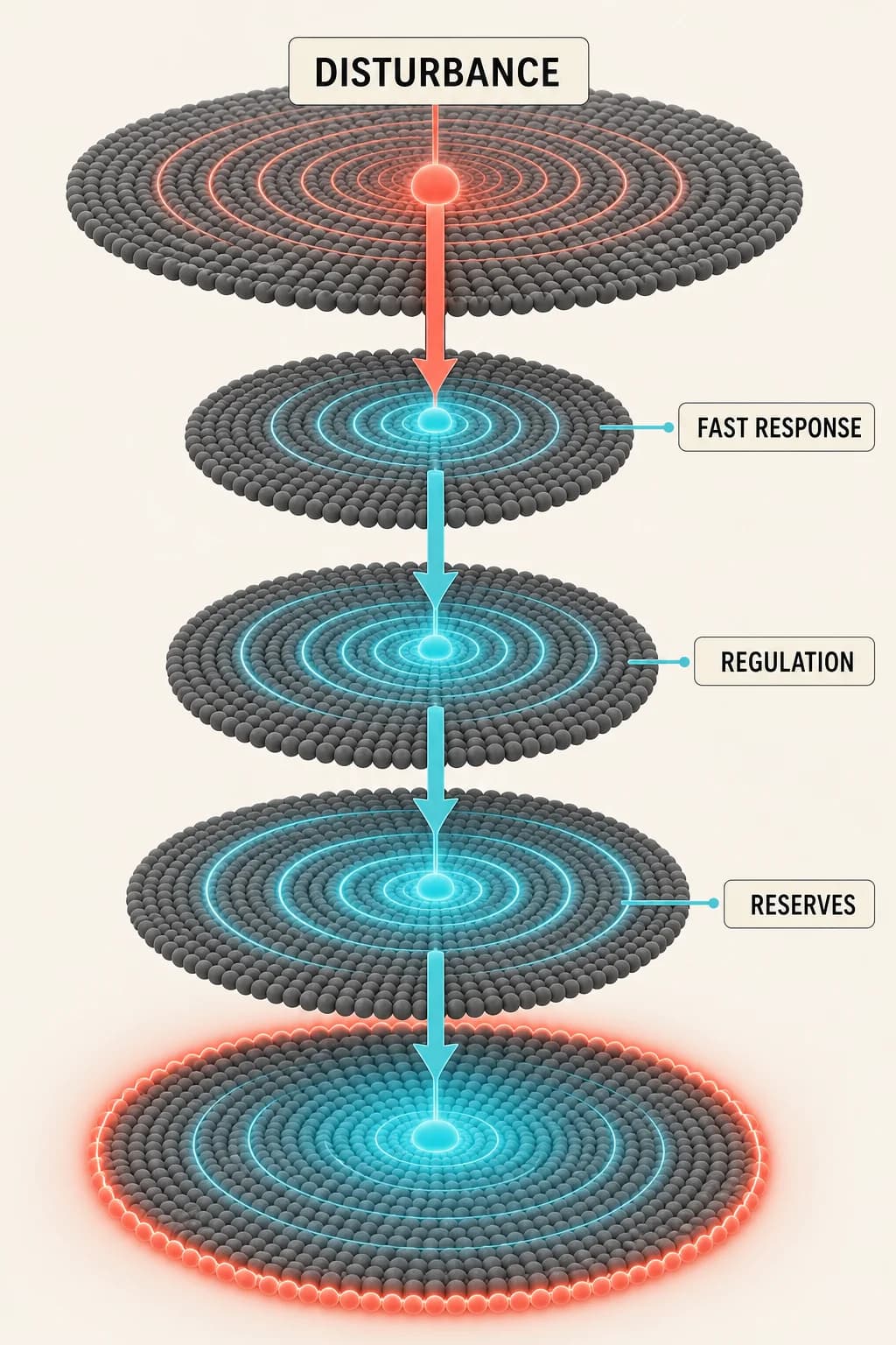 One disturbance launches concentric response bands: immediate autonomous response, coordinated regulation, slower reserves, and emergency protection, each handing a stabilized system to the next time scale.