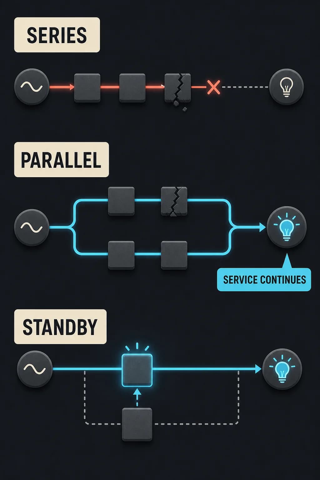 A series path fails at one broken component, while a parallel path routes service around an equivalent failure and a cold standby waits beside a primary unit.