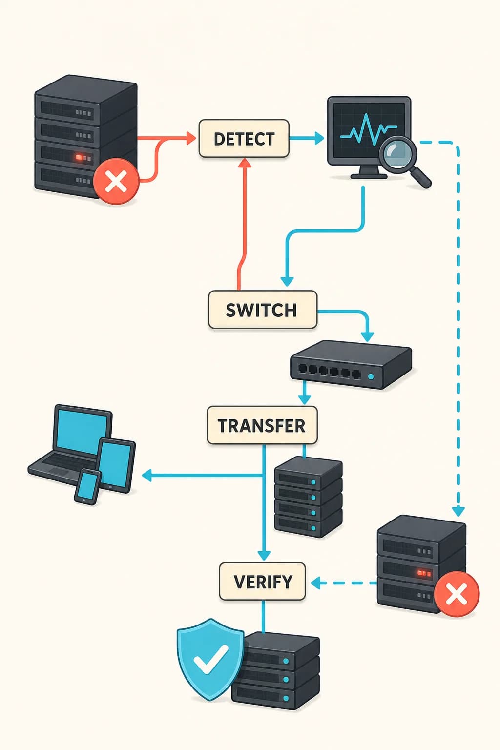 A primary failure triggers a sequence through detection, decision, transfer, and verified backup service; a hidden failed backup is exposed by a separate test path.