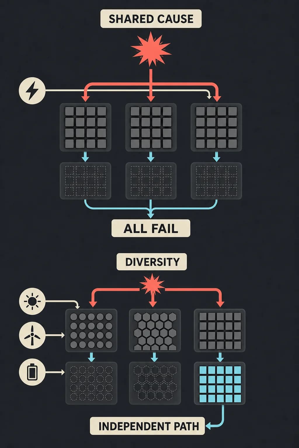 Three duplicate units share one power source and fail together; a second design separates power, location, and implementation so one path survives the same initiating event.