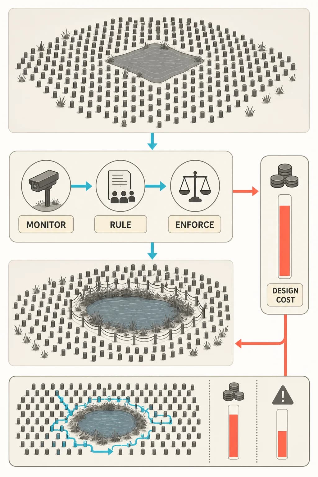 A public-resource game is shown before and after an institution adds monitoring, a contribution rule, and graduated enforcement; cooperation rises while a side meter records administration cost and error risk.