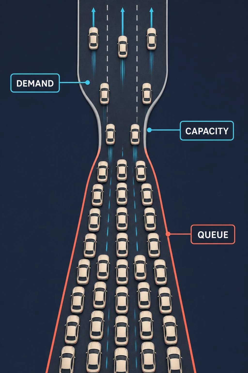 A three-lane stream of cars approaches a two-lane bottleneck; more cars arrive than pass, so a dense queue grows upstream below the narrowing.