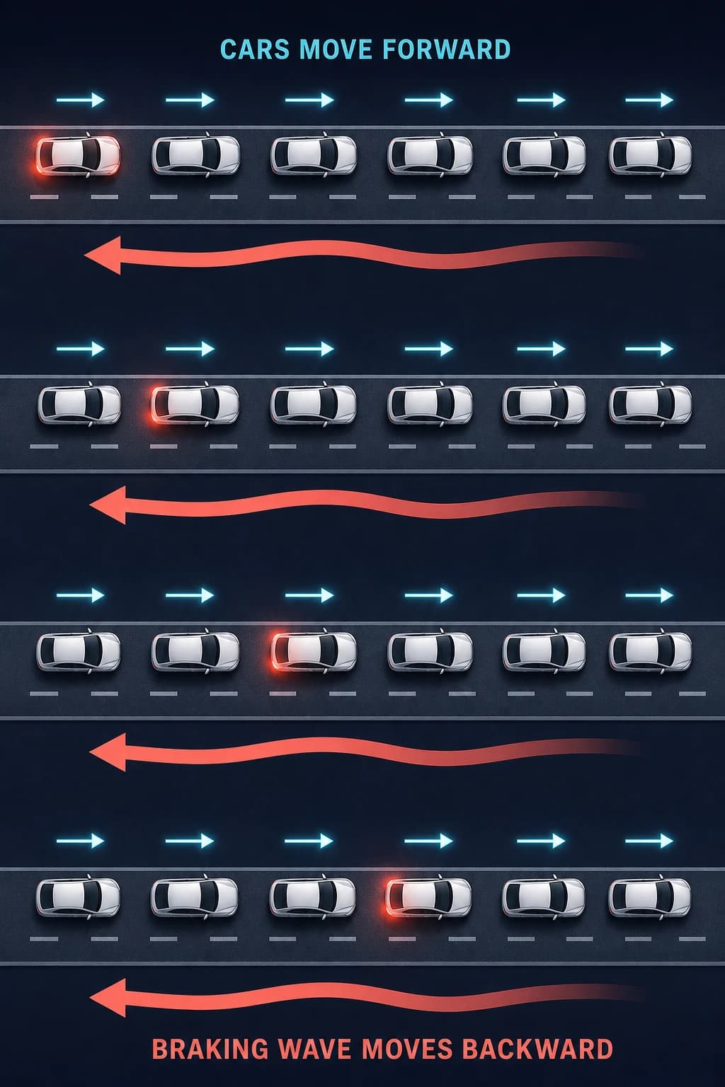 Across four moments, every car’s arrow points forward while red brake lights appear successively farther upstream, creating a wave arrow that travels backward through the line.