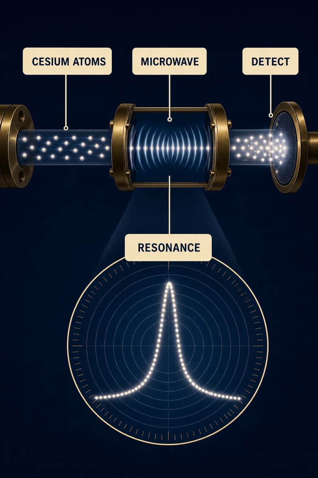 Prepared cesium atoms enter a microwave interaction region; only the correctly tuned wave transfers many atoms into a detected state, producing a narrow resonance response.