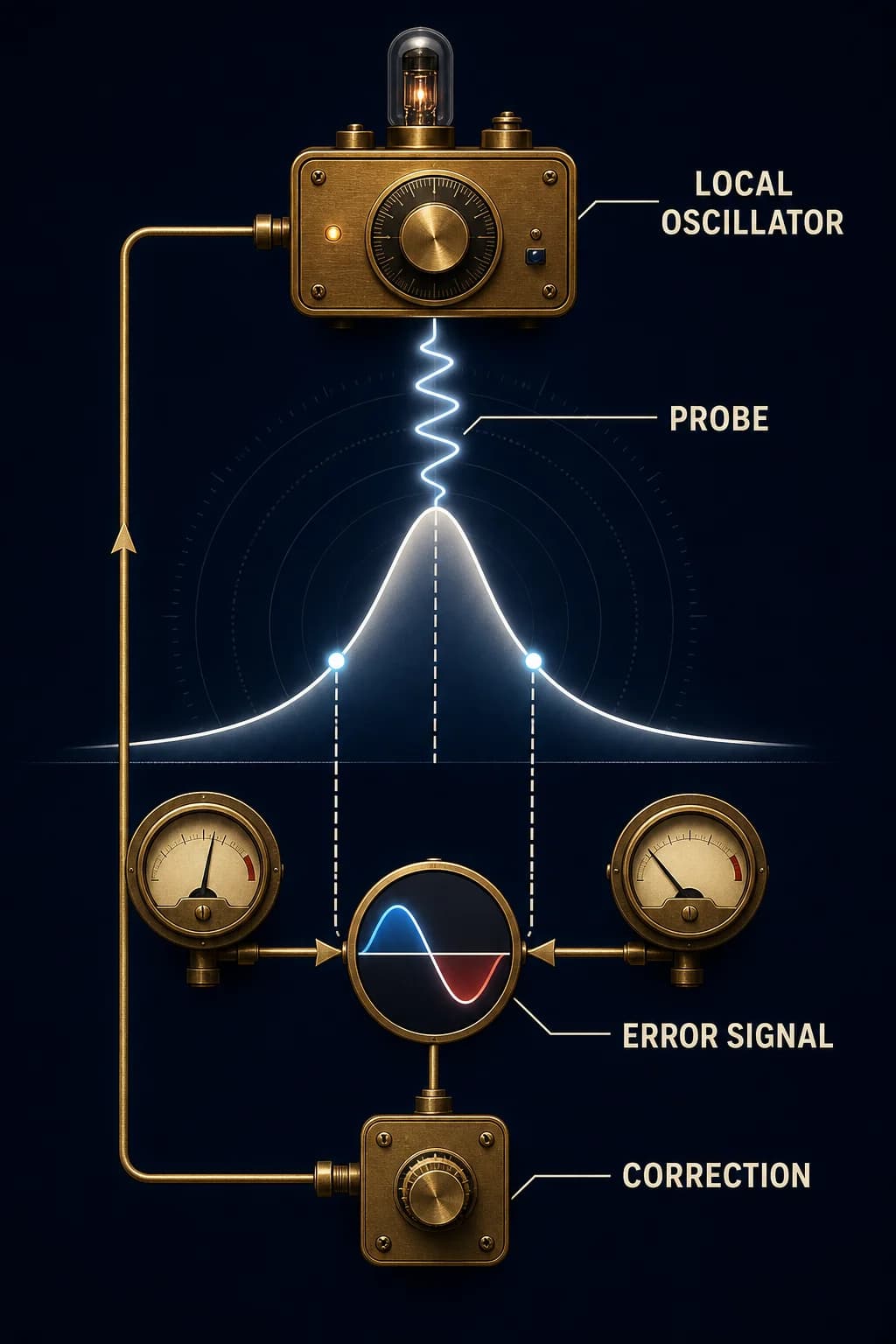 A local oscillator probes opposite sides of one atomic response peak; unequal detector outputs feed an error signal back to retune the oscillator toward the center.