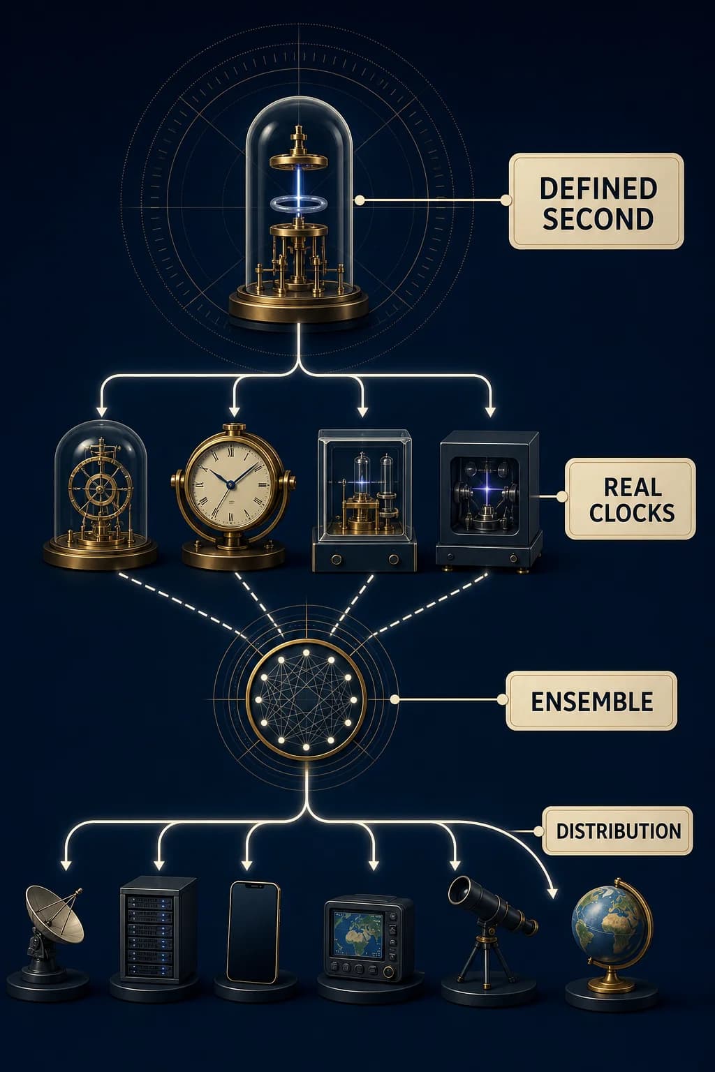 An ideal atomic definition feeds several independently evaluated laboratory clocks; their comparisons form one ensemble time scale that is distributed to many systems.