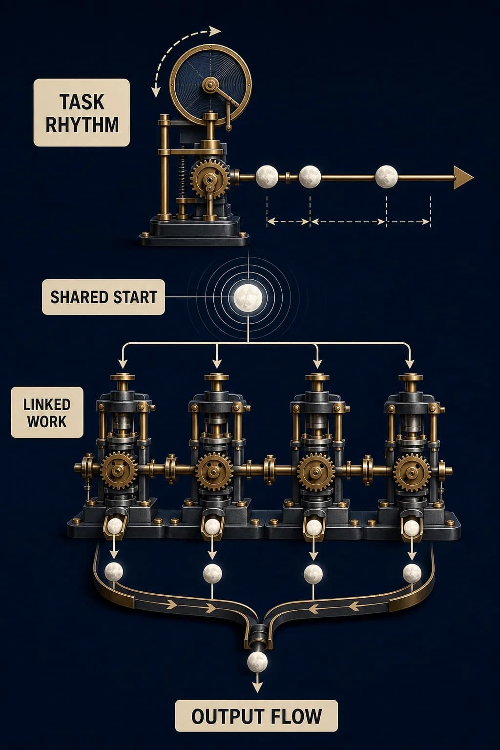 A task-based worker completes one variable-length job independently; beside it, several linked mill stages activate only when one shared timing pulse starts every stage together.
