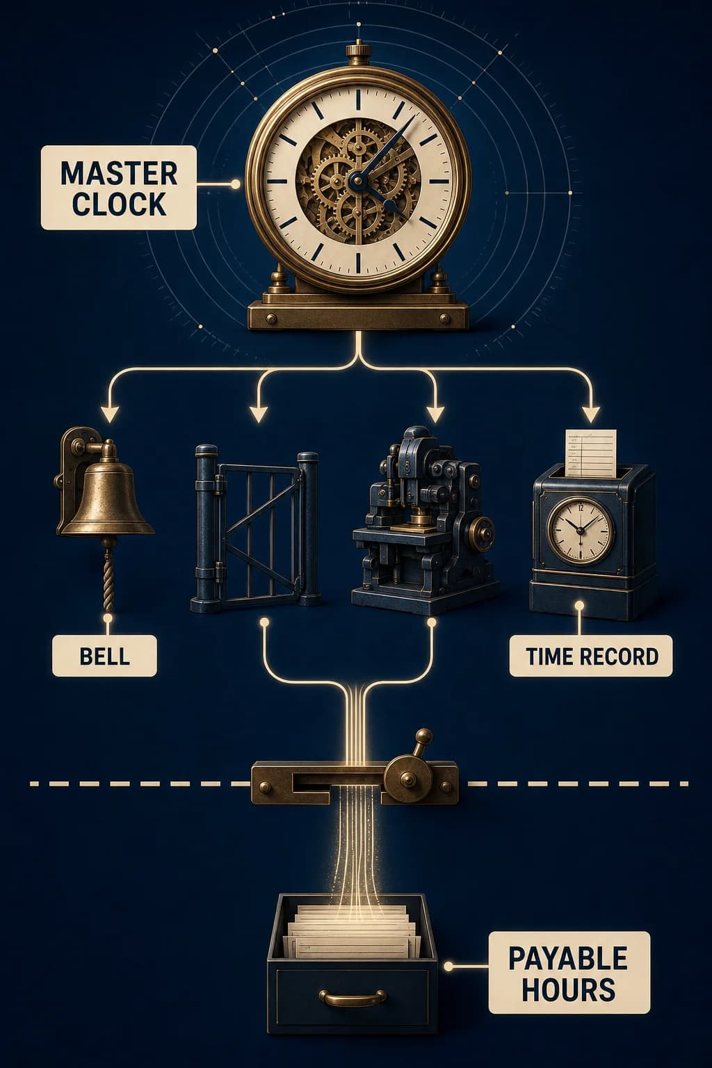 One master clock drives a bell, gate, machine shift, and time record; the same interval flows into payroll while a manager-controlled boundary decides what counts.