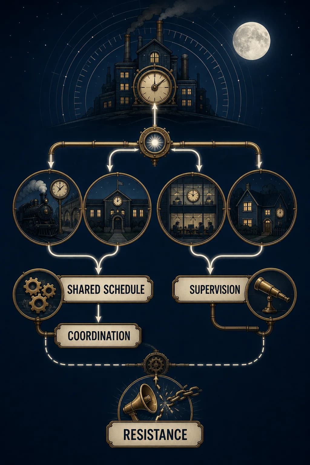 A factory timing pulse branches into transport, school, office, and home schedules; the network yields both easier coordination and stronger supervision, with a counter-path of negotiation and resistance.