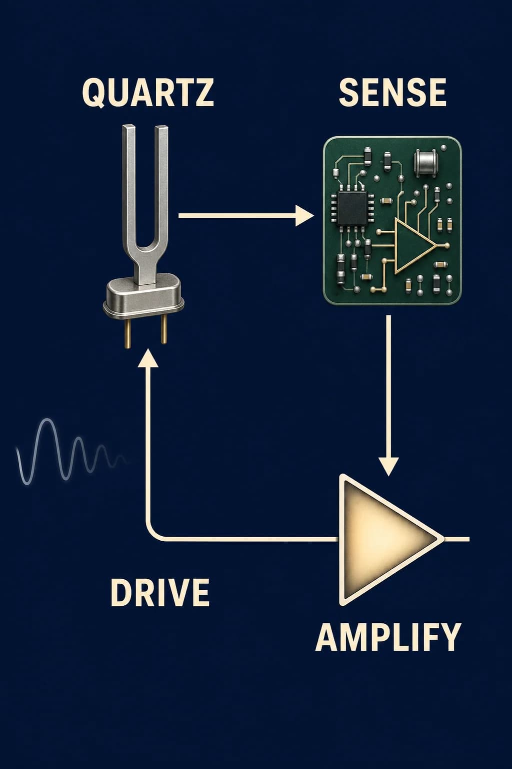 A closed loop runs from a tuning-fork quartz resonator to sensing electronics, an amplifier, and a returning drive pulse; off-frequency motion fades outside the loop.