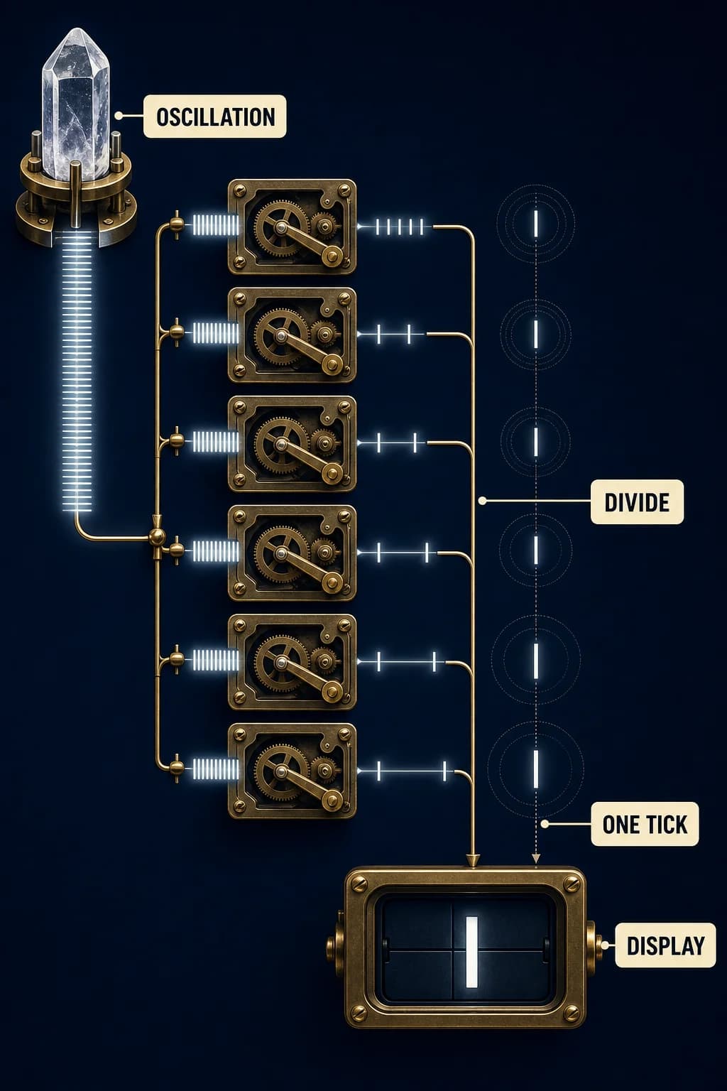 A dense stream from the quartz enters a cascade of identical halving stages; pulse spacing doubles at every stage until a single slow output advances a display.