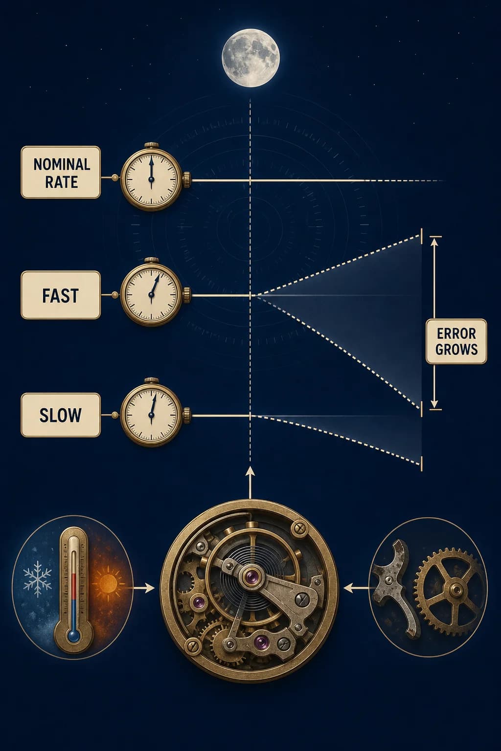Three initially aligned timelines separate: a nominal clock stays centered, a slightly fast clock gains a growing lead, and a slightly slow clock develops a growing lag as temperature and aging perturb rate.