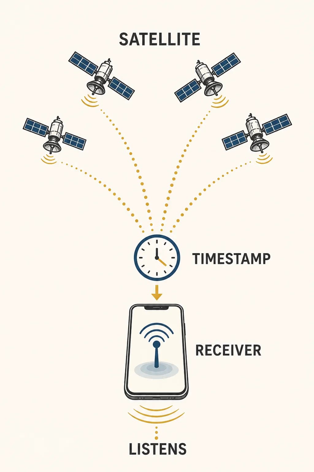 Four satellites broadcast time and orbit data toward a passive phone receiver; the phone doesn't need to transmit to them.