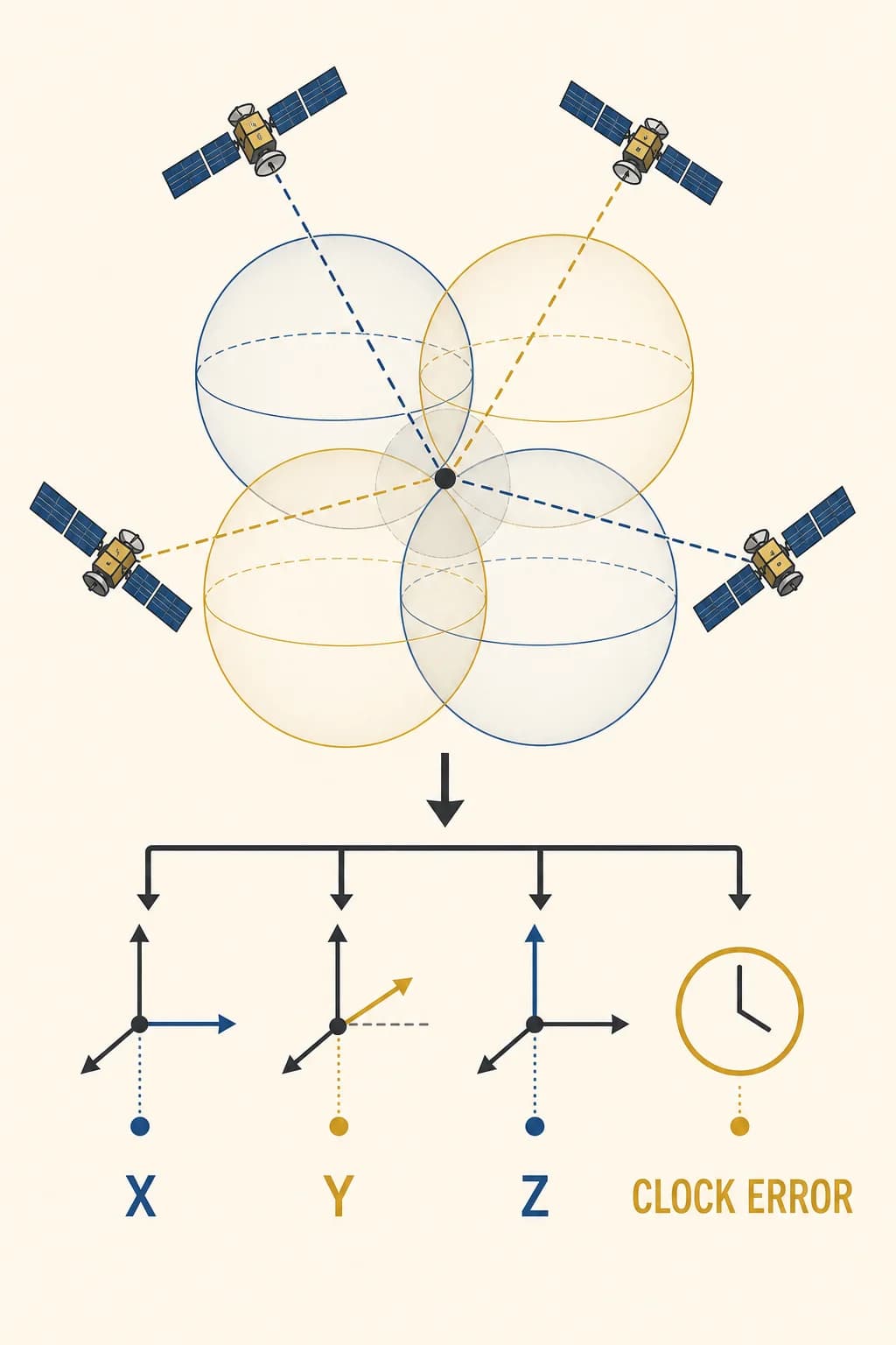 Four range spheres solve four unknowns together: three spatial coordinates and the receiver clock offset.