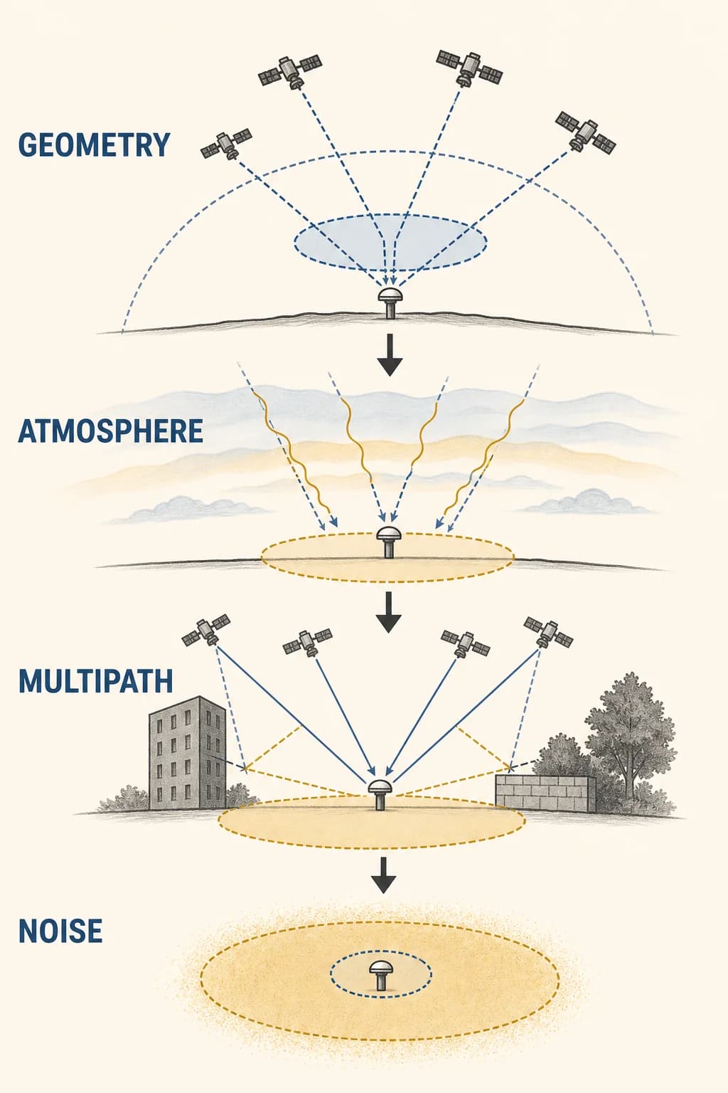Satellite geometry, atmosphere, reflected signals, orbit estimates, and receiver noise each widen or shift the position solution.
