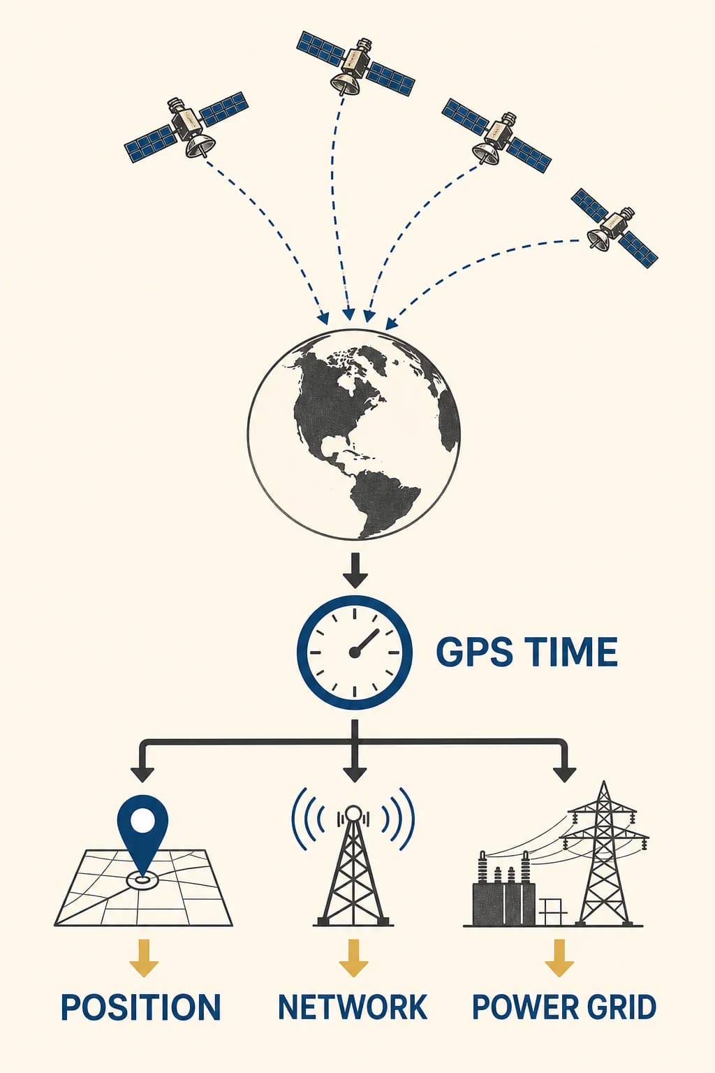 The same synchronized satellite signals support both position fixing and precise timing for networks, grids, and instruments.