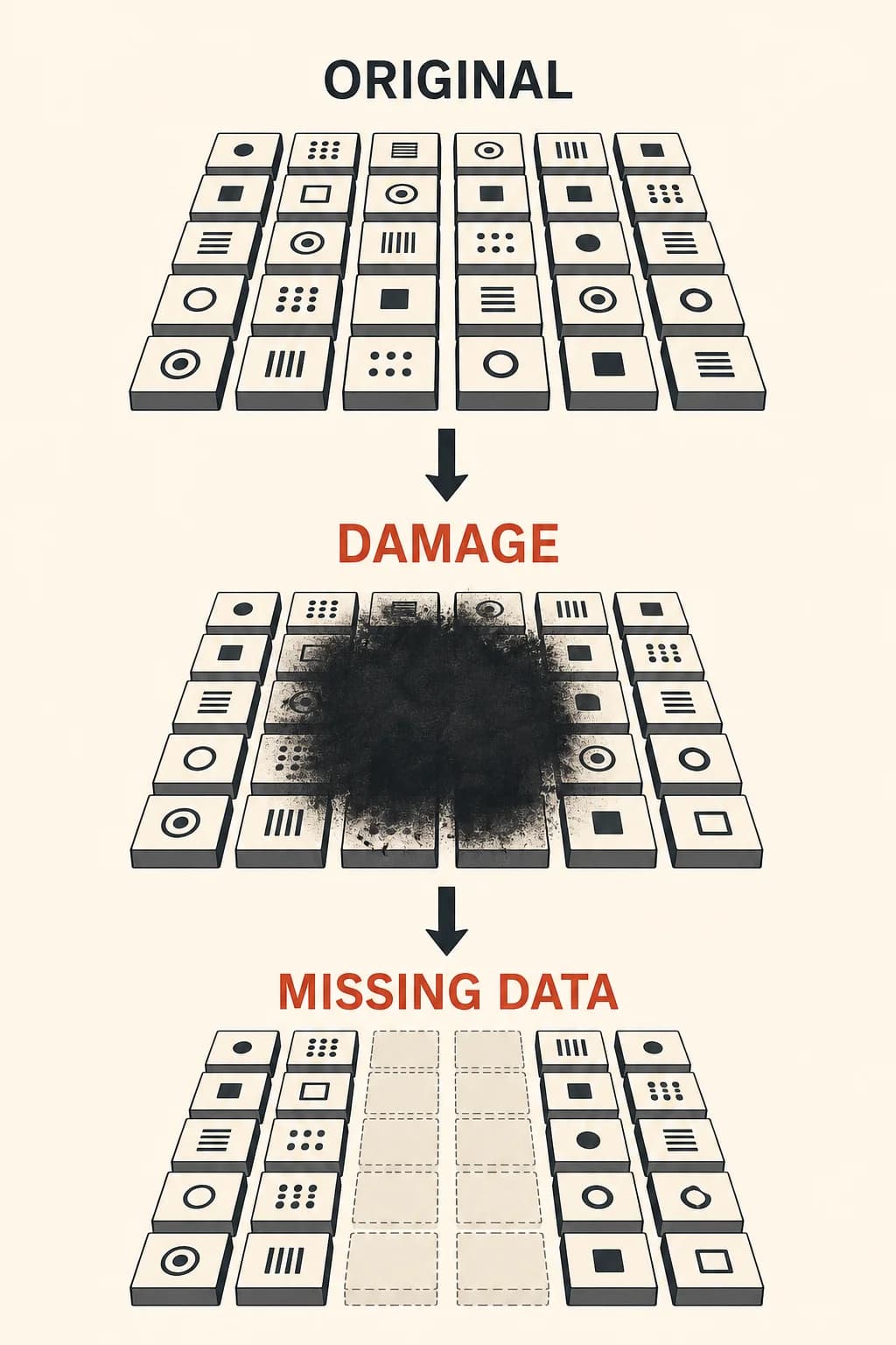 A dark stain erases a cluster of modules, turning some encoded symbols into missing or incorrect information.