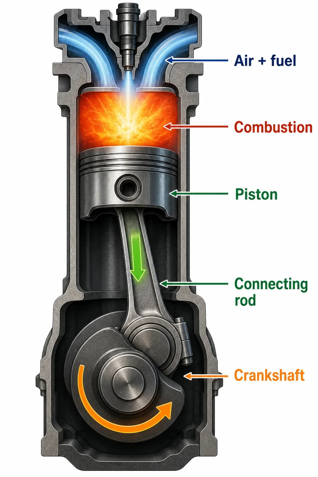 A vertical cylinder shows air and fuel entering at the top, combustion pressure driving the piston downward, and the connecting rod converting that downward movement into crankshaft rotation at the bottom.