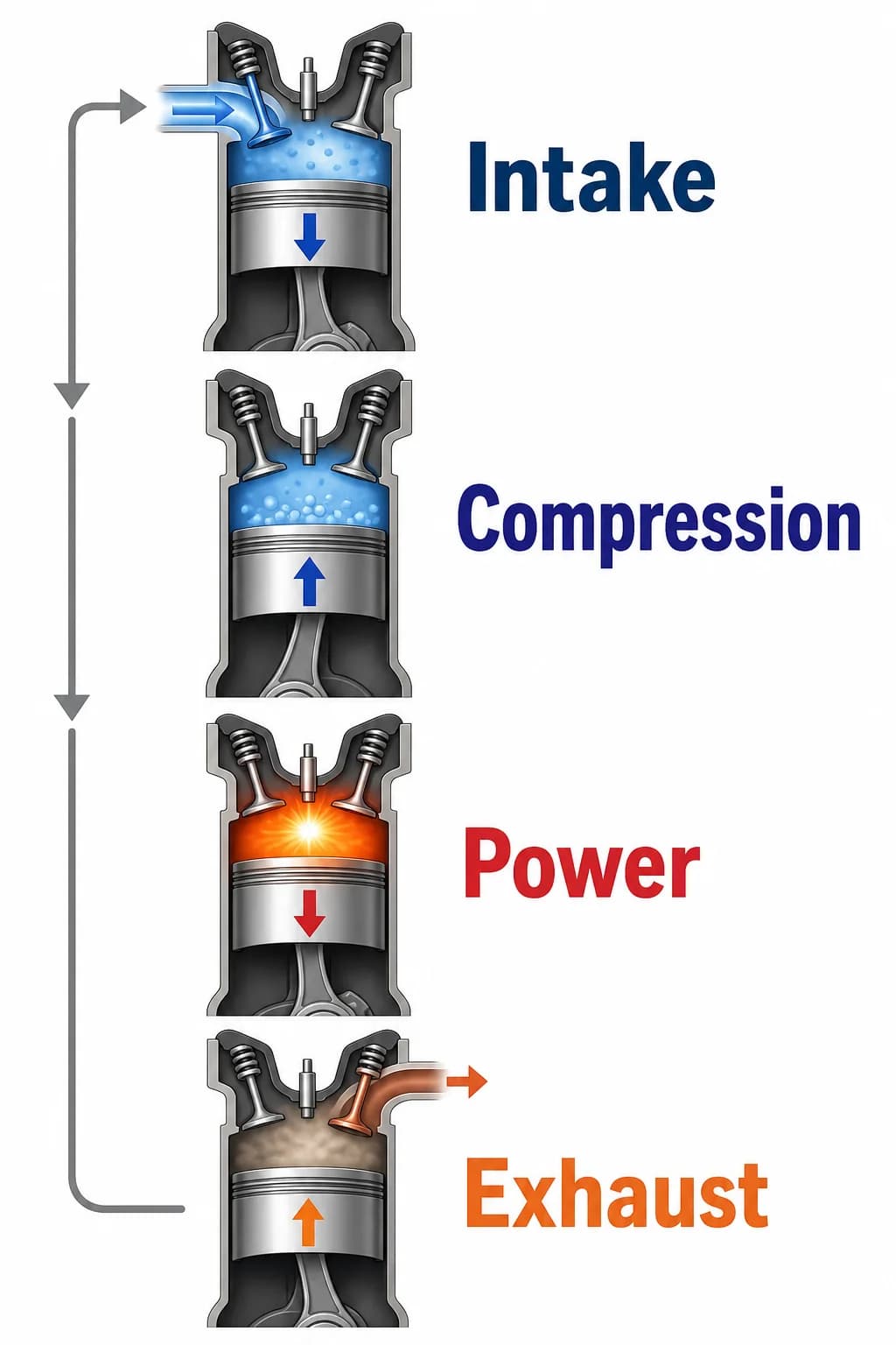 Four stacked cylinder views show the piston moving down for intake, up for compression, down under expanding gases for power, and up to expel exhaust, with a loop indicating that the sequence repeats.