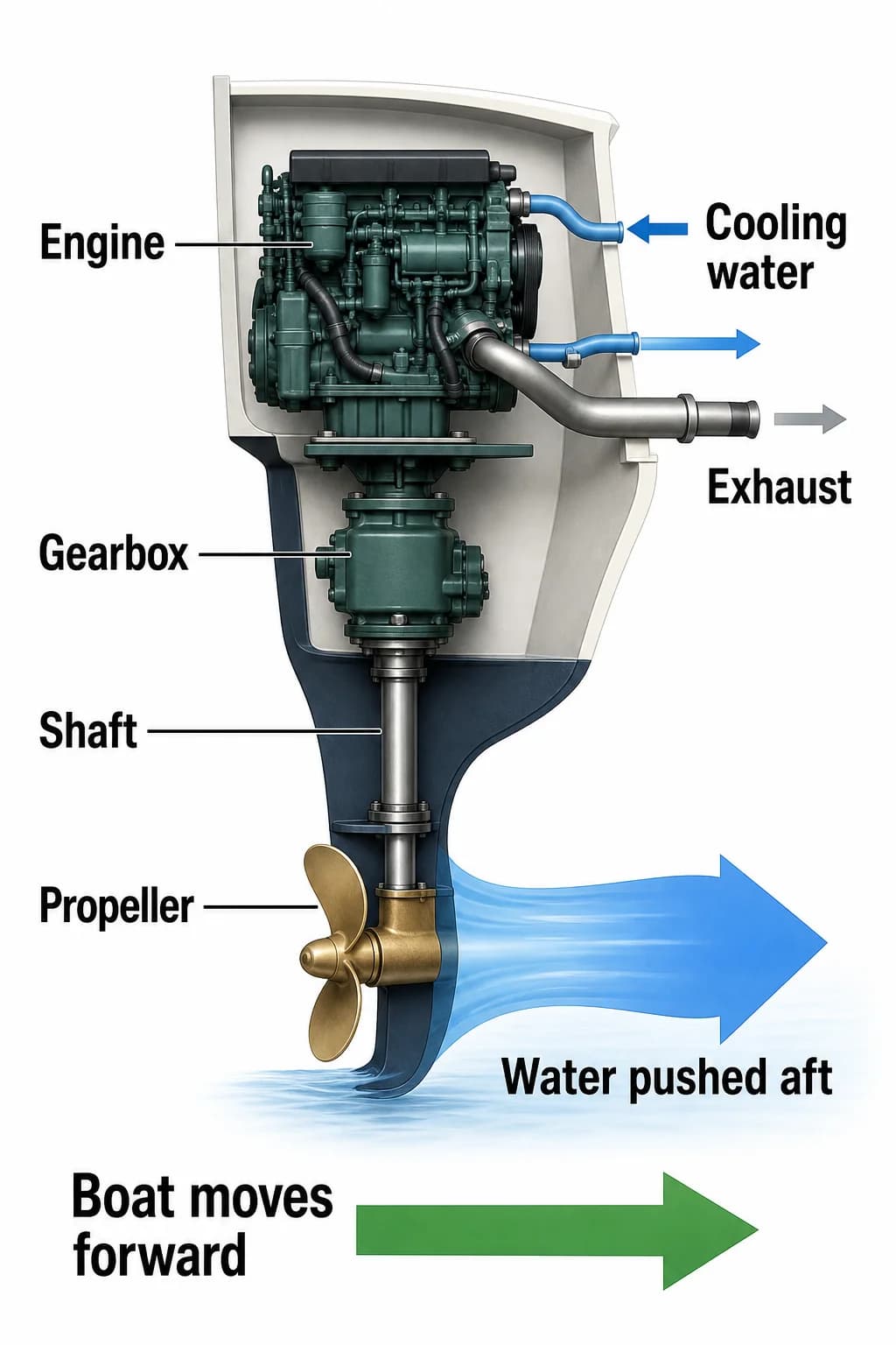 The engine turns a gearbox, shaft, and propeller in sequence; the propeller drives water aft, while the boat’s motion is forward. Separate thin paths show cooling water and exhaust, rather than treating them as the source of thrust.