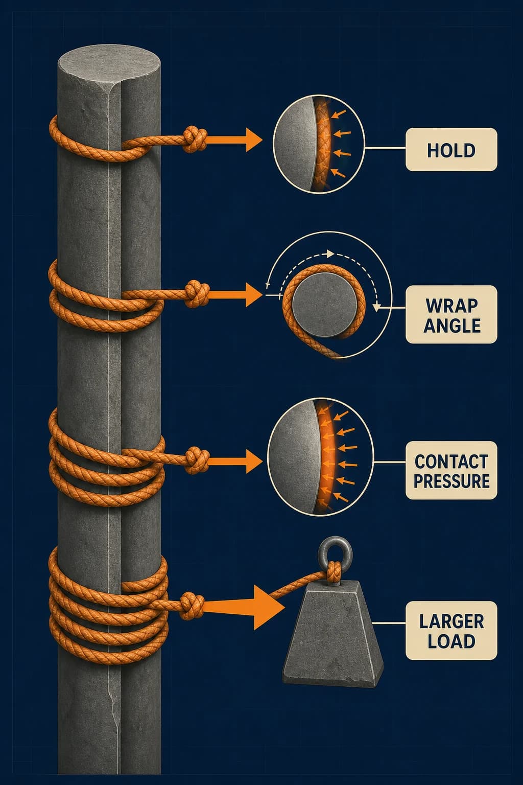 Three ropes wrap the same post by increasing angles; identical small holding tensions resist progressively larger loads because surface pressure and friction accumulate around each additional turn.