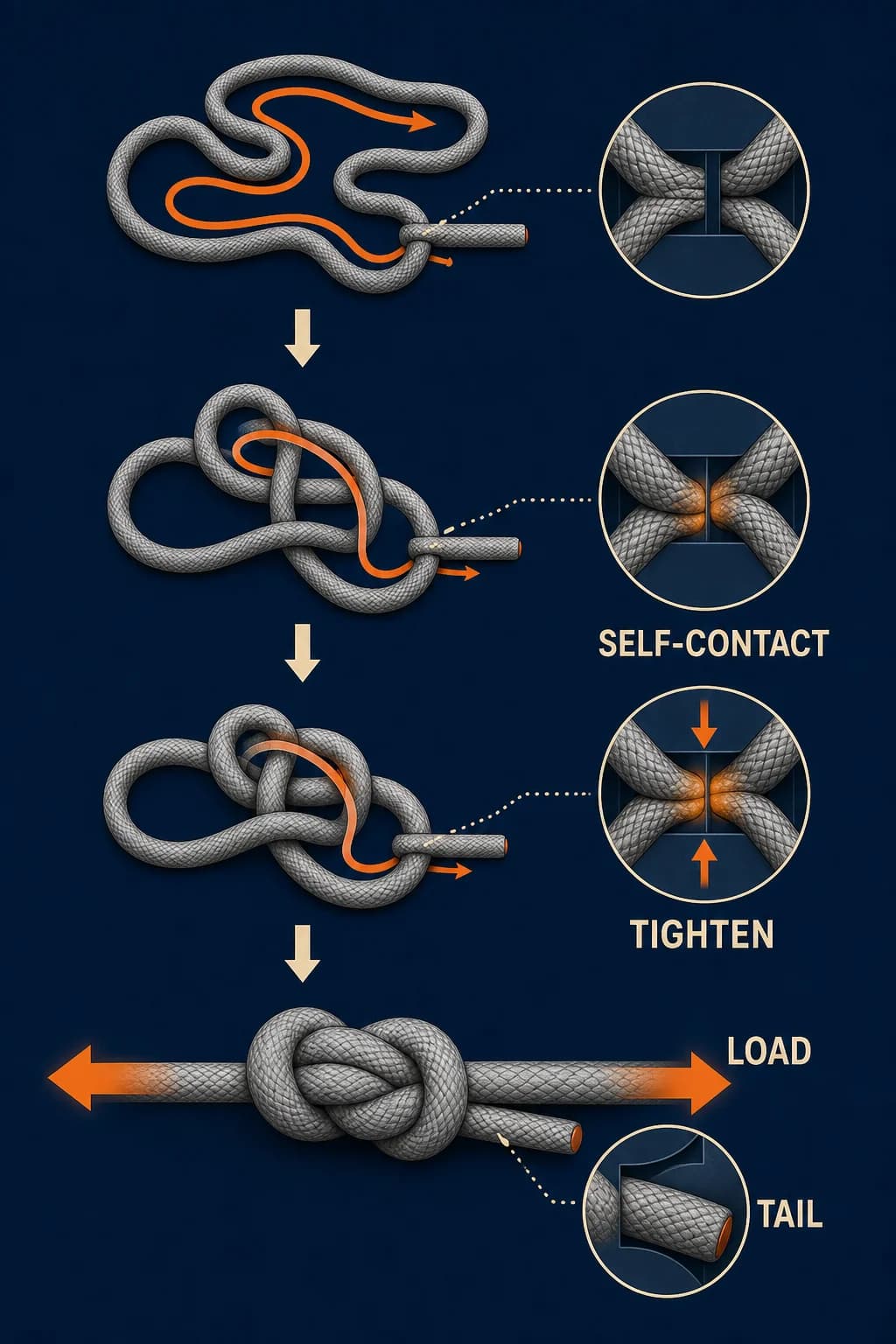 An exploded knot path reassembles into a loaded knot; successive bends create self-contact zones, the loaded strand tightens those zones, and a properly dressed tail remains trapped against sliding.