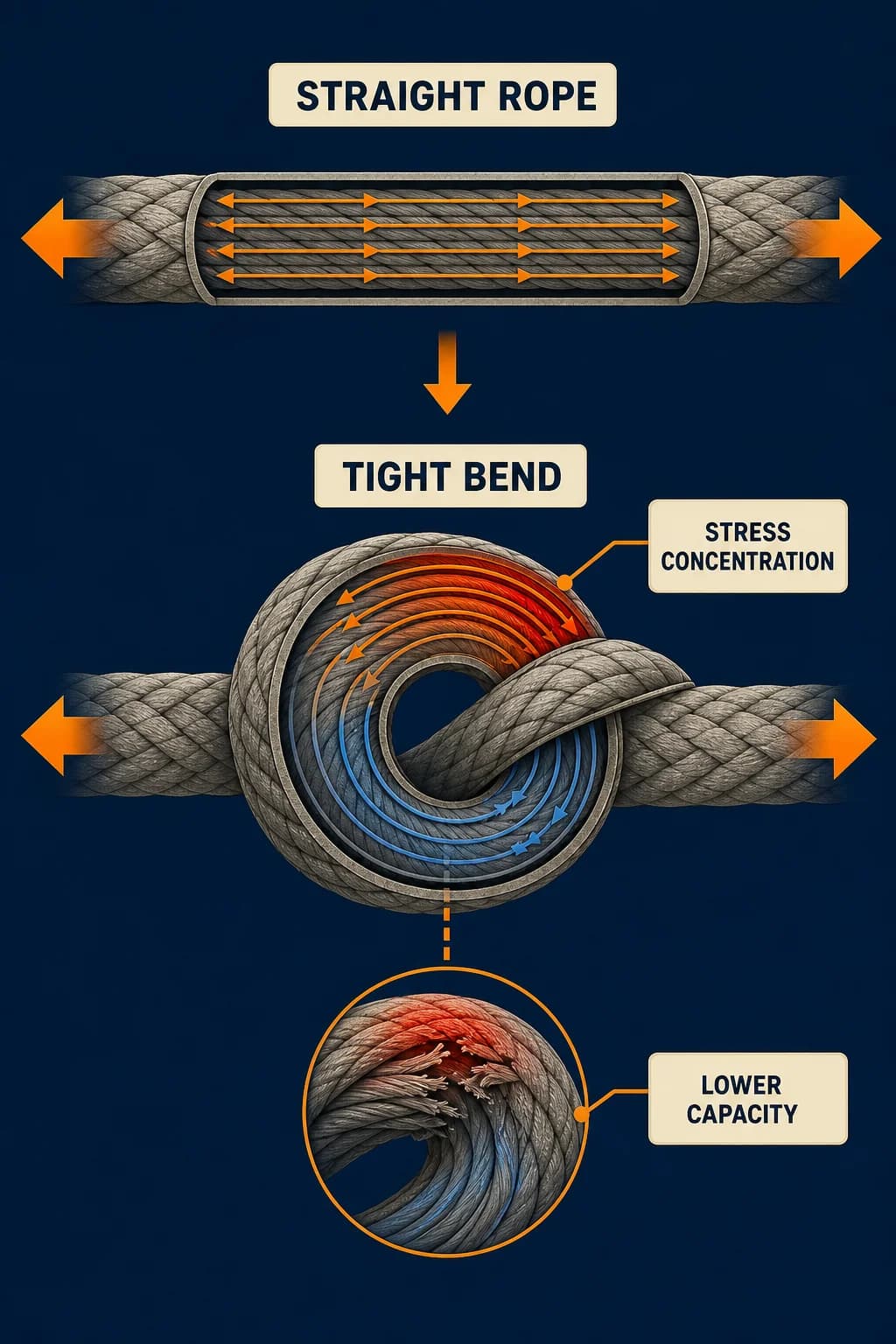 A straight rope shares tension evenly across fibers, while a tightly bent knotted segment concentrates stretch and compression at one curve and reaches failure under a smaller applied load.