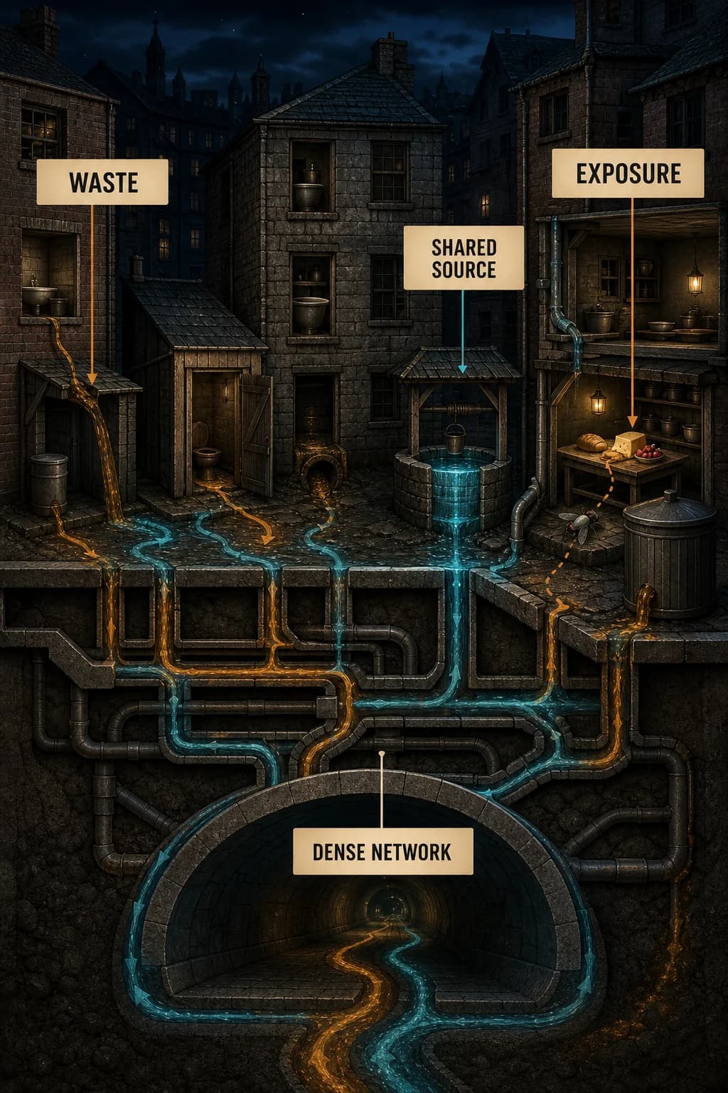 A dense historical block shows waste from several buildings converging on a shared water source through surface runoff, seepage, hands, and flies, forming one connected transmission loop.