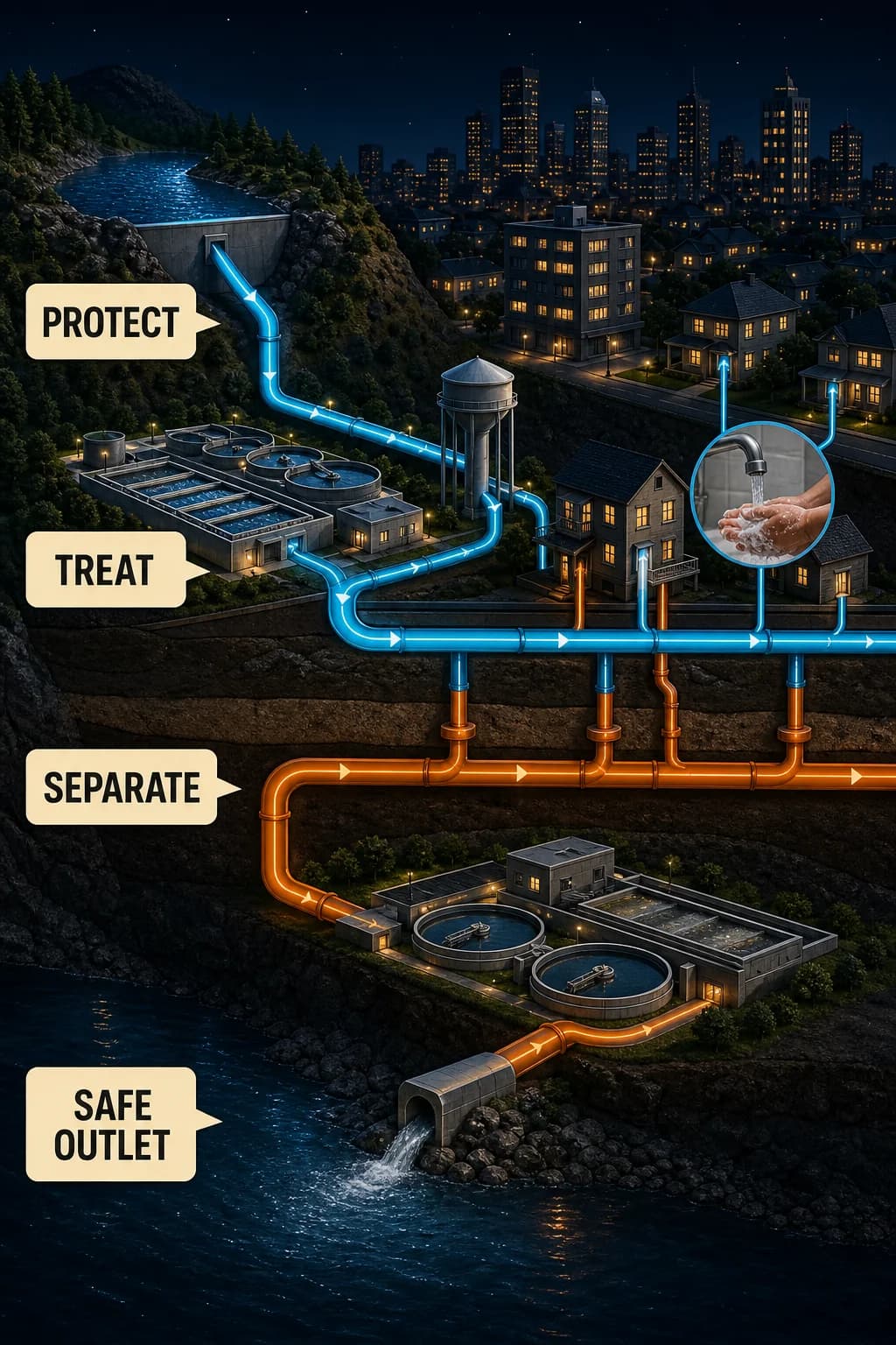 The contaminated loop is rebuilt as two separated networks: protected source through treatment and pressurized distribution, plus waste collection through treatment to a controlled outlet, with handwashing as another barrier.