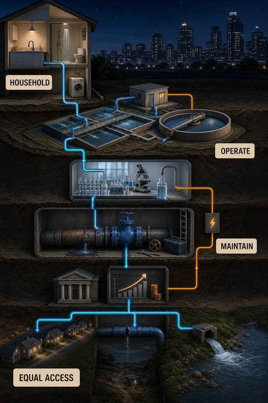 A household action expands into a backstage chain of pipes, laboratory sampling, operators, maintenance, financing, and environmental discharge, with weak links showing unequal service and aging assets.
