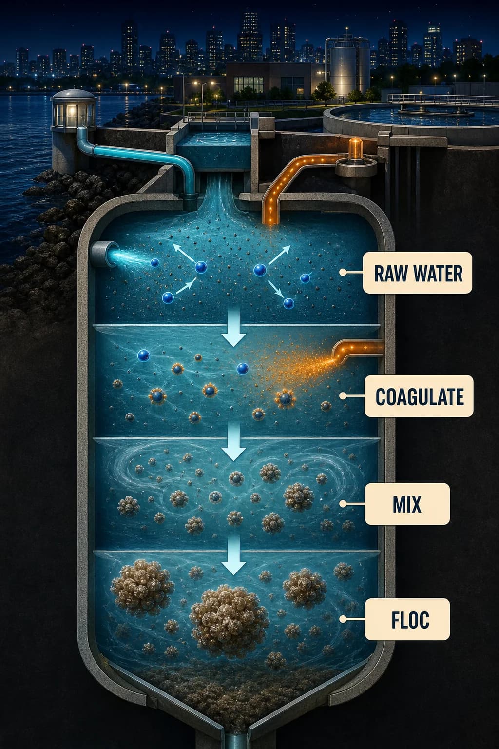 A magnified raw-water chamber shows repelling fine particles after entry, charge neutralization at a mixing point, and collisions building large visible floc clusters that move toward settling.