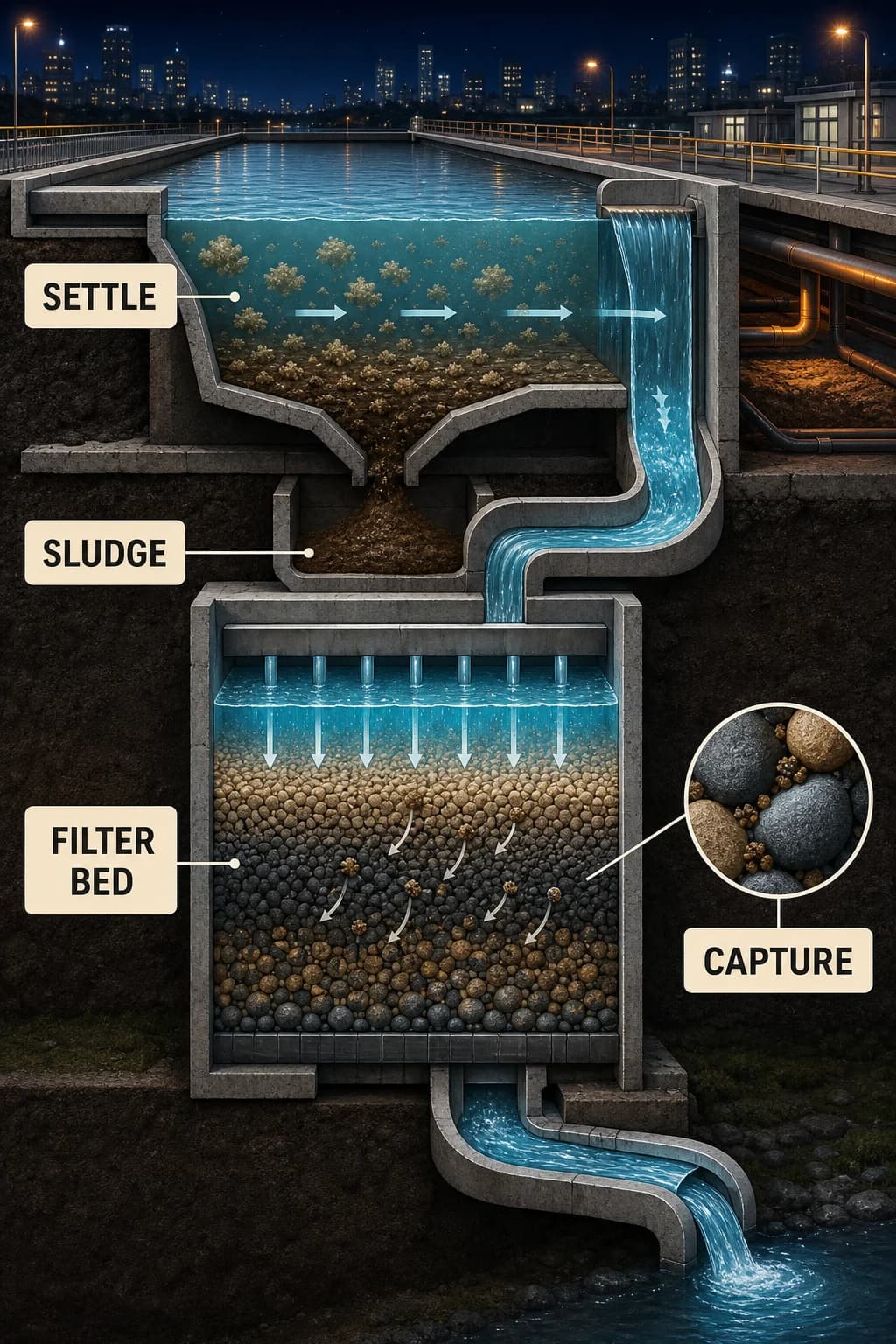 One continuous cutaway follows floc sinking through a broad settling basin, clarified water entering a layered granular filter, smaller particles attaching within the bed, and a clean stream exiting.