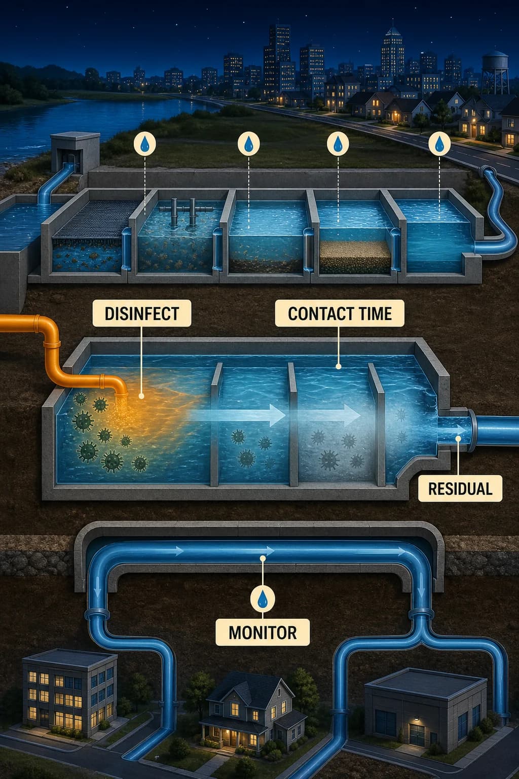 A final contact chamber shows filtered water meeting a controlled disinfectant barrier, inactive microbial symbols downstream, a protected distribution pipe, and monitoring checkpoints across the full treatment train.
