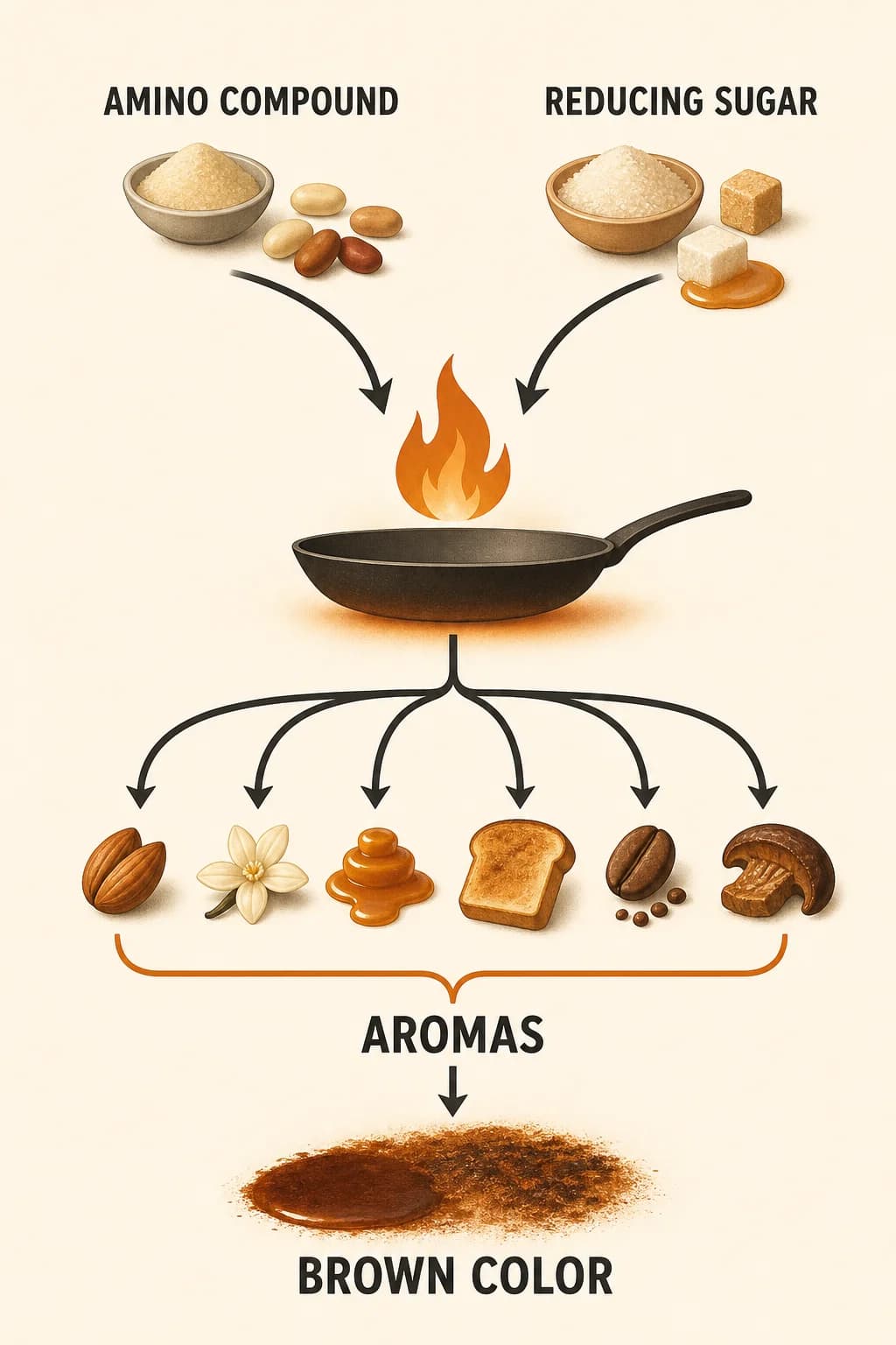 An abstract branching flow shows heat driving amino compounds and reducing sugars toward many aroma outcomes and brown pigments; use simple ingredient shapes and no molecular structures or reaction formulas.