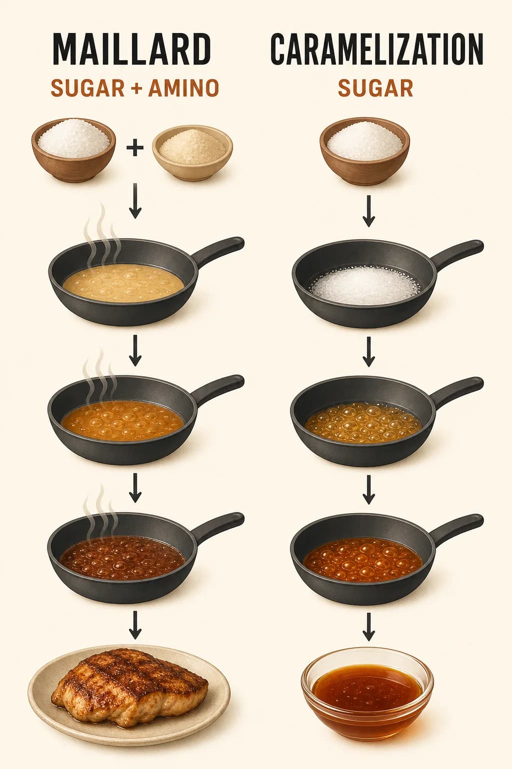 An abstract split comparison shows Maillard browning starting with sugar plus amino compounds, while caramelization transforms sugar alone; use ingredient icons and no molecular structures or reaction formulas.