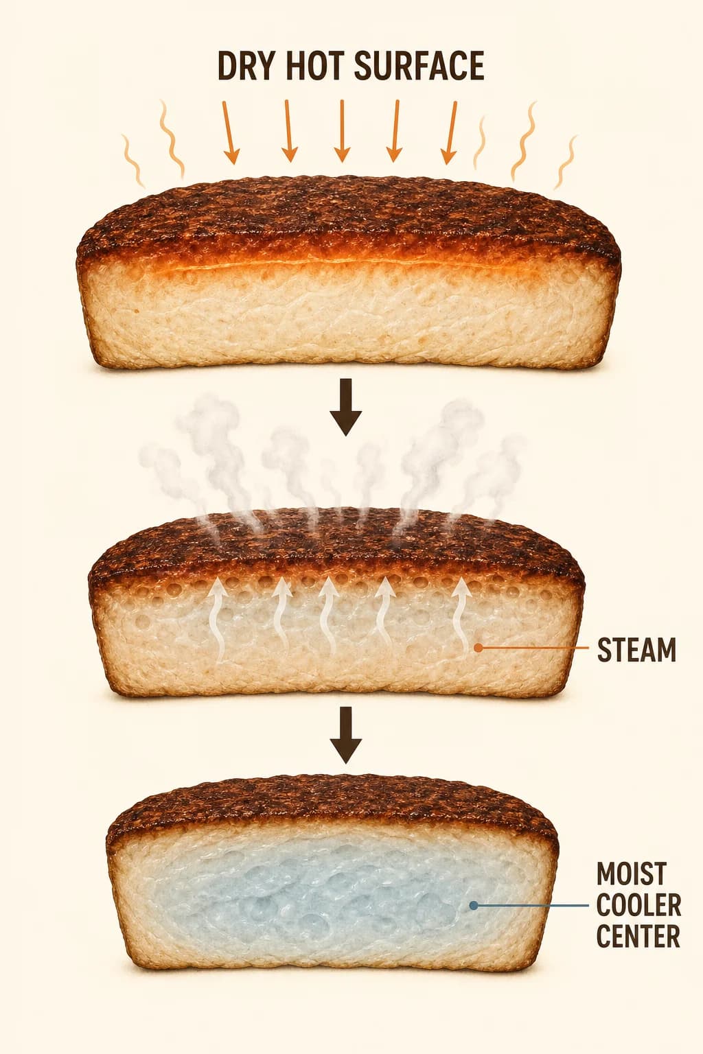 A food surface dries and becomes hotter than its moist interior, creating a thin high-temperature zone where browning accelerates.