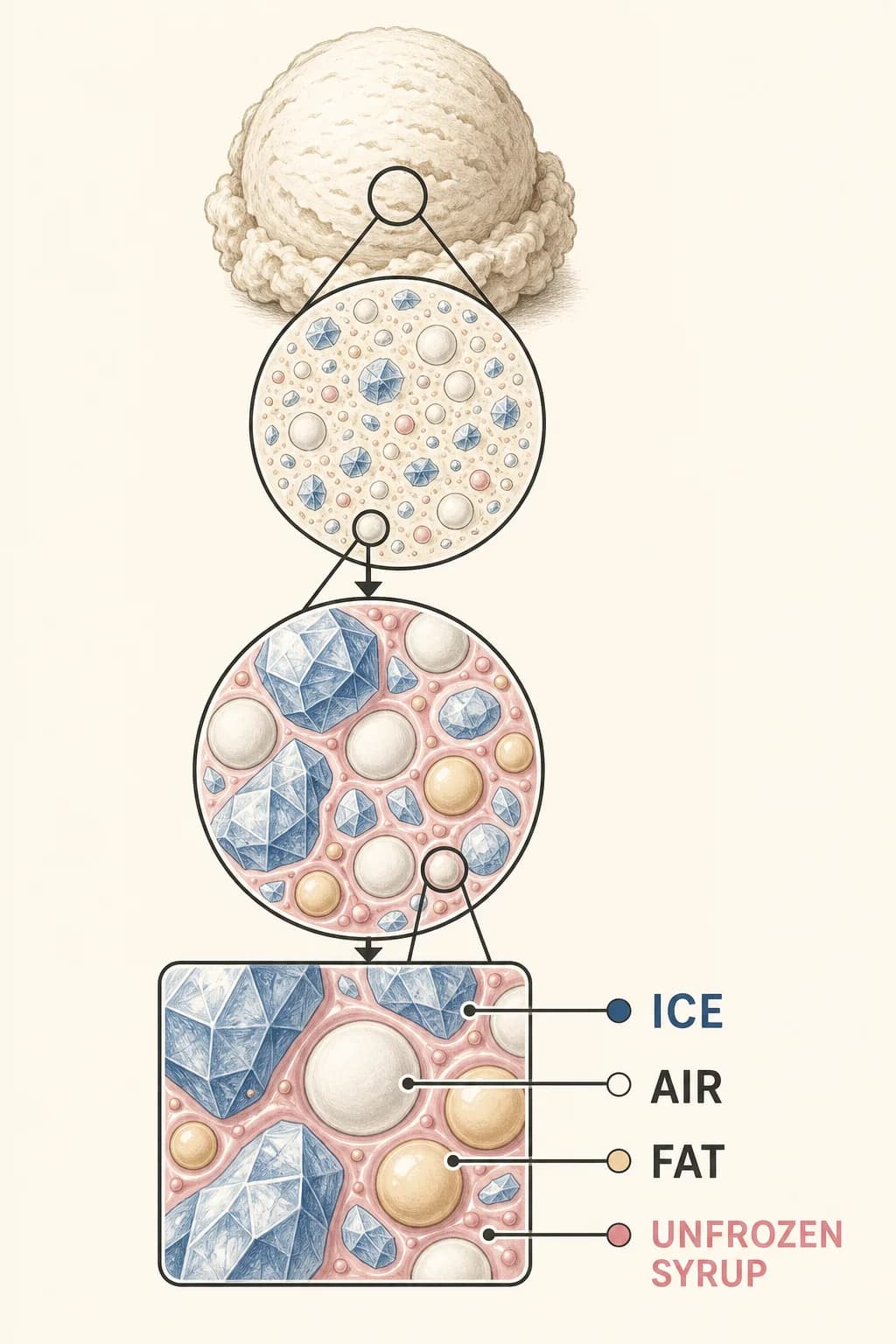 Ice cream is a composite of ice crystals, air bubbles, fat droplets, and concentrated unfrozen syrup arranged across several scales.