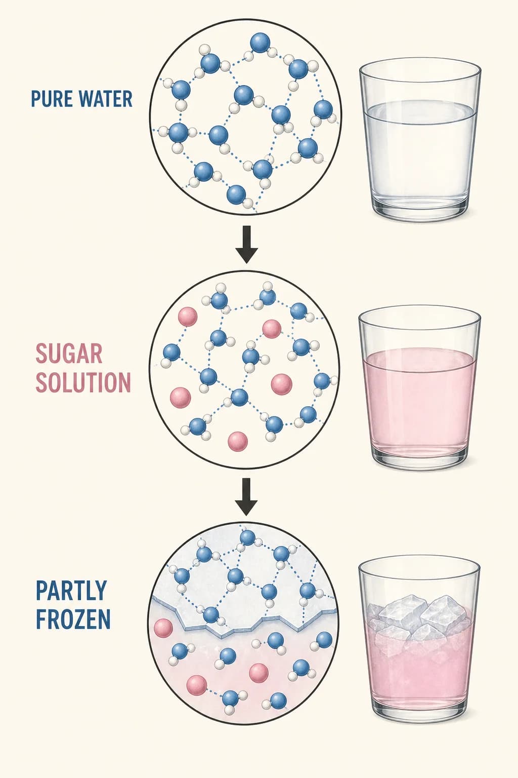 Dissolved sugar lowers the freezing point so only part of the water freezes at serving temperature while the remainder stays fluid.